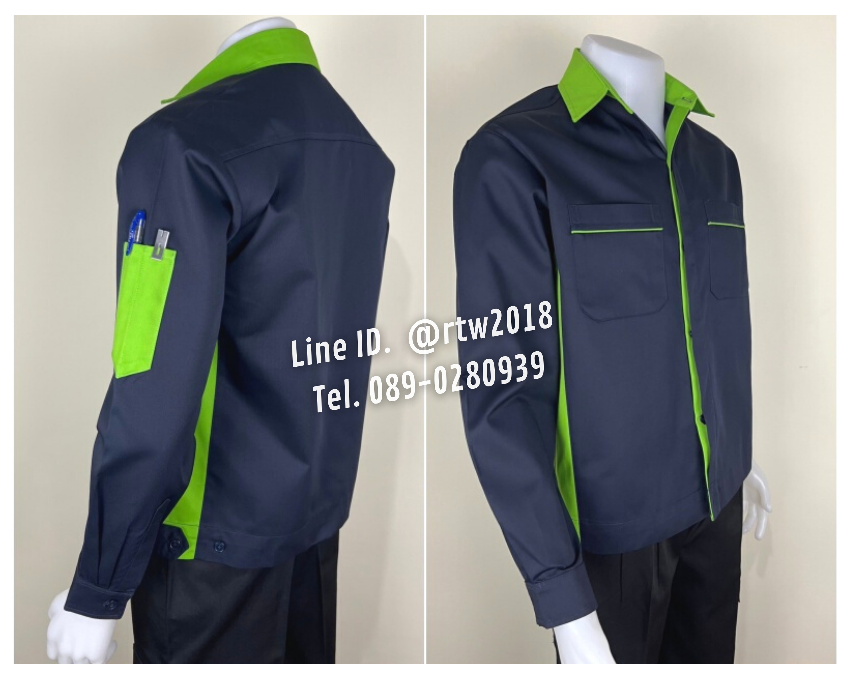 รหัส AB10.3 : เสื้อช่างแขนยาวผ้าคอมทวิวสีกรมท่าข้างเขียวอ่อน (ซ่อนสาบ)