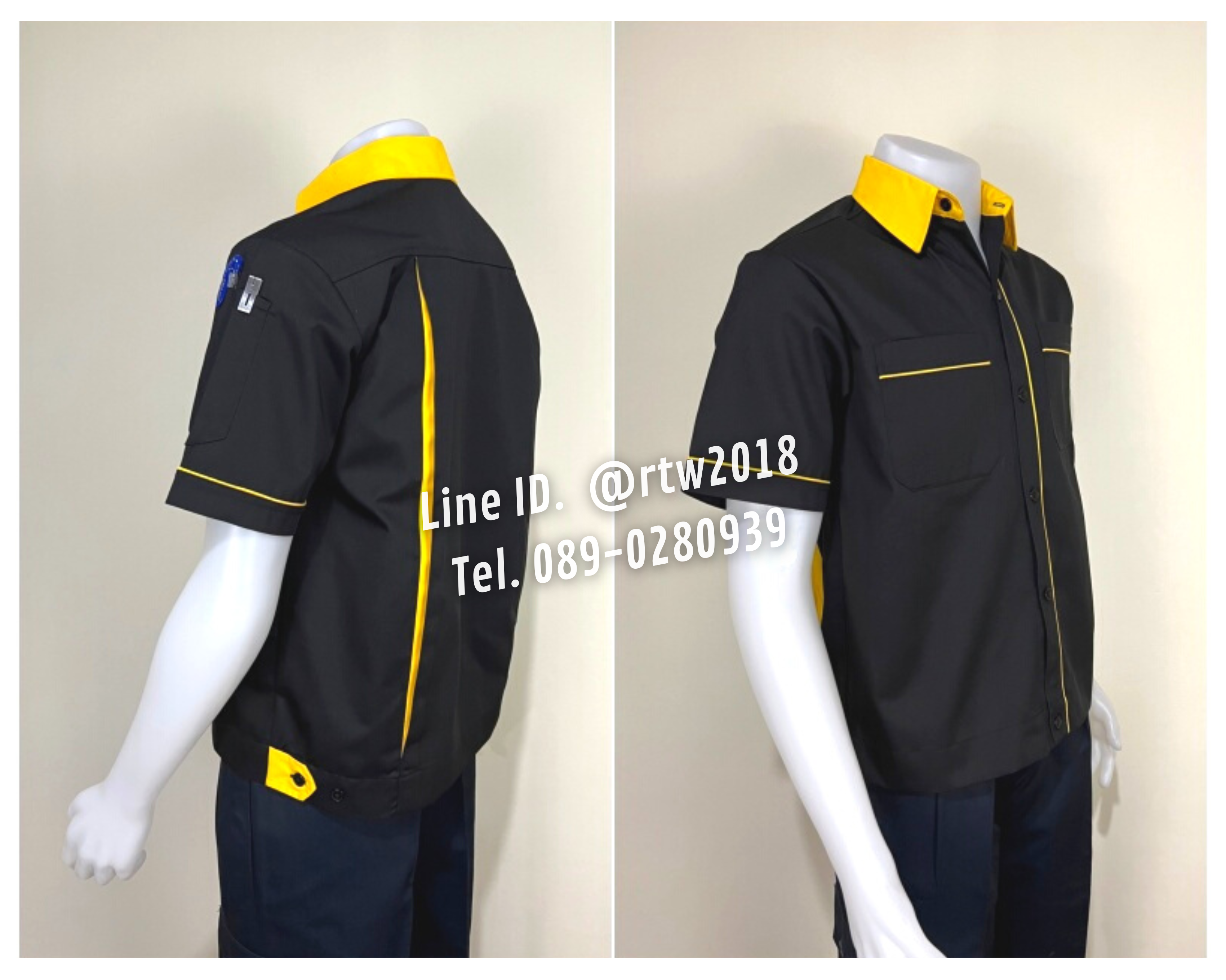 รหัส A7.7 : เสื้อช่างแขนสั้นผ้าคอมทวิวสีดำกุ้นเหลือง