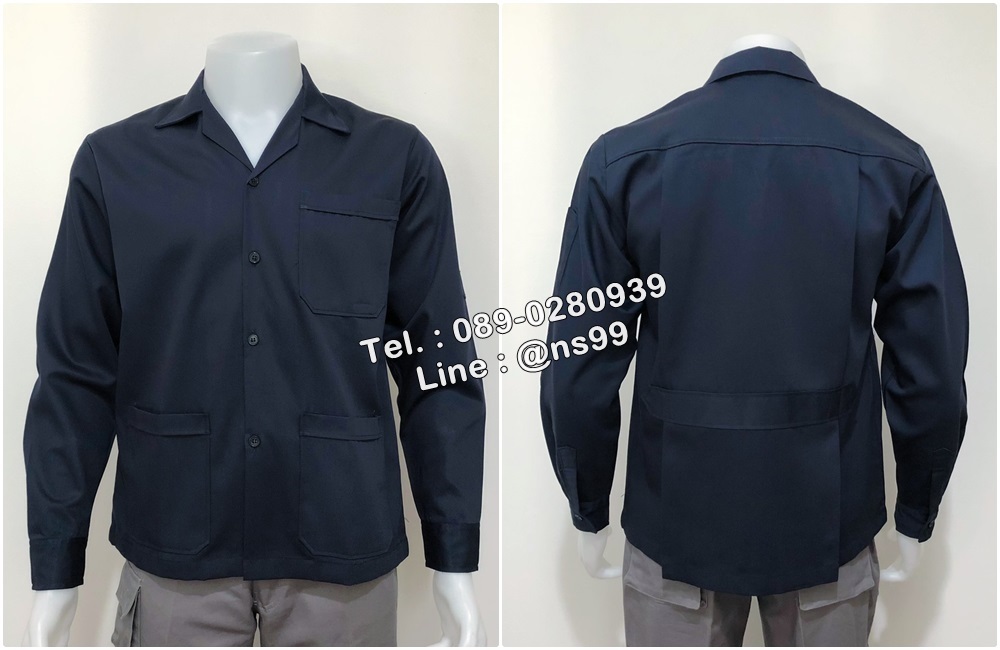รหัส A114 : เสื้อช่างแขนยาวผ้าคอมทวิวแบบสามกระเป๋าชายเสื้อปล่อยสีกรมล้วน