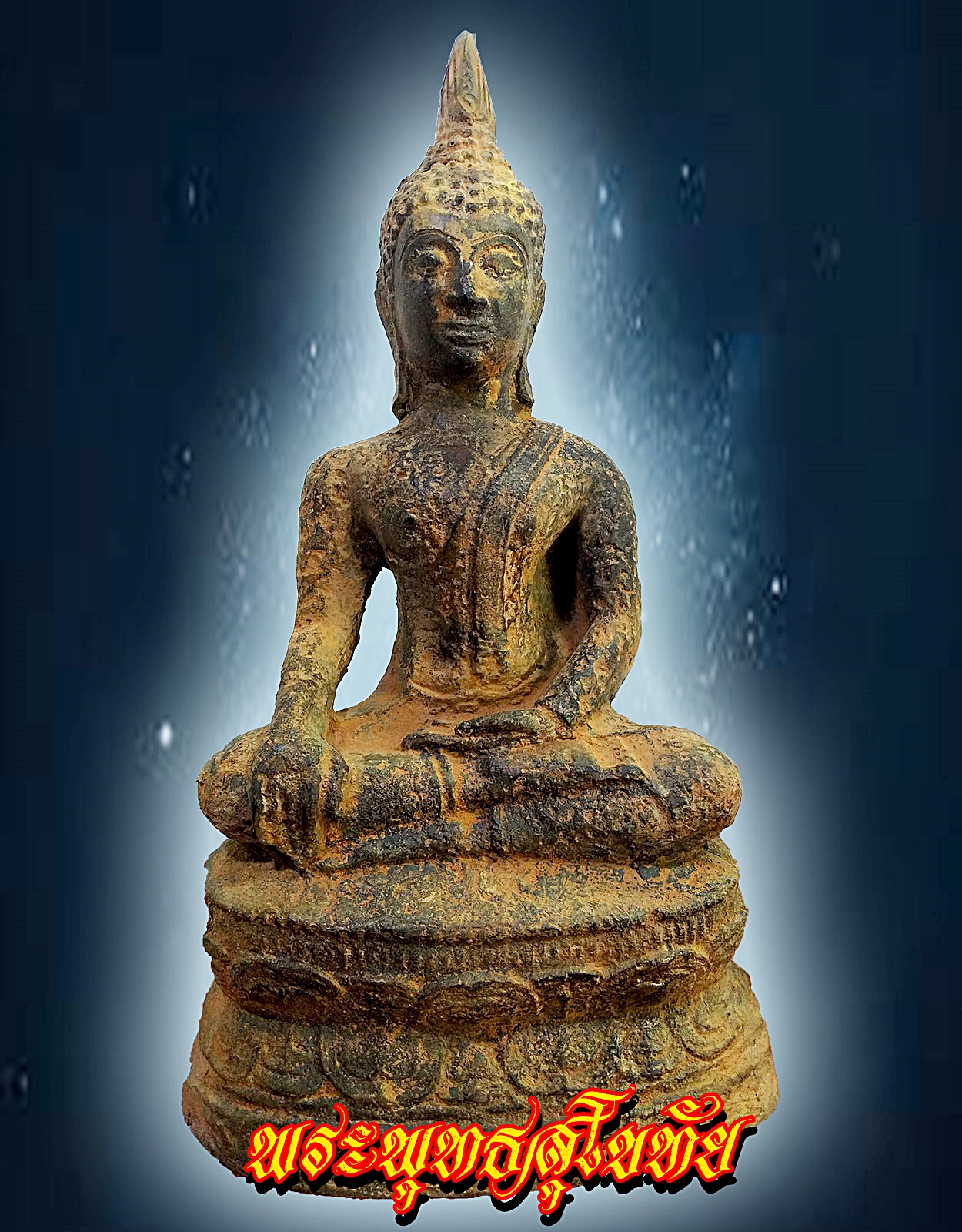 พระพุทธกรุสุโขทัย ปางชนะมาร หน้าตัก5นิ้ว เนื้อสำริดสภาพเก่า
