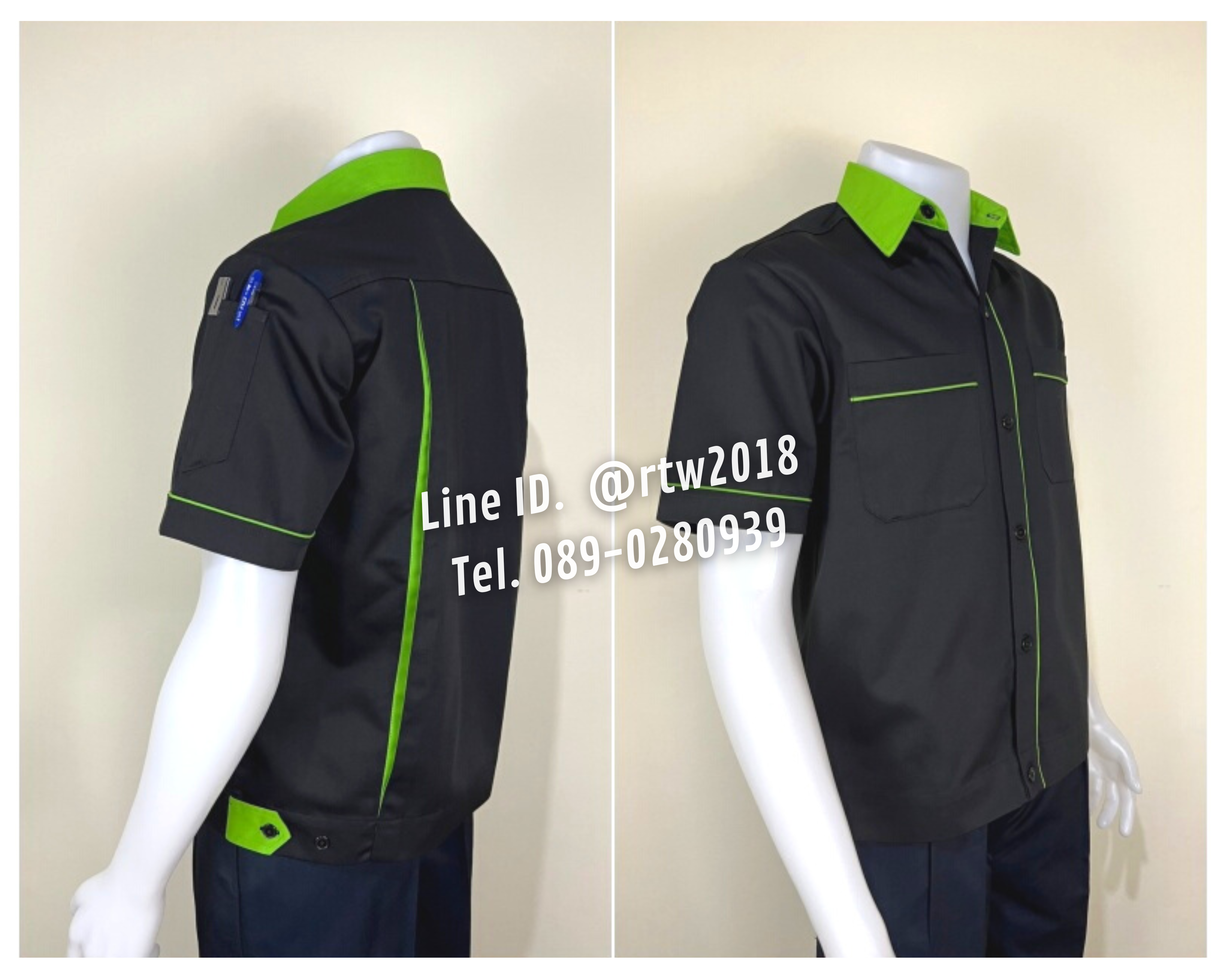 รหัส A7.5 : เสื้อช่างแขนสั้นผ้าคอมทวิวสีดำกุ้นเขียวอ่อน