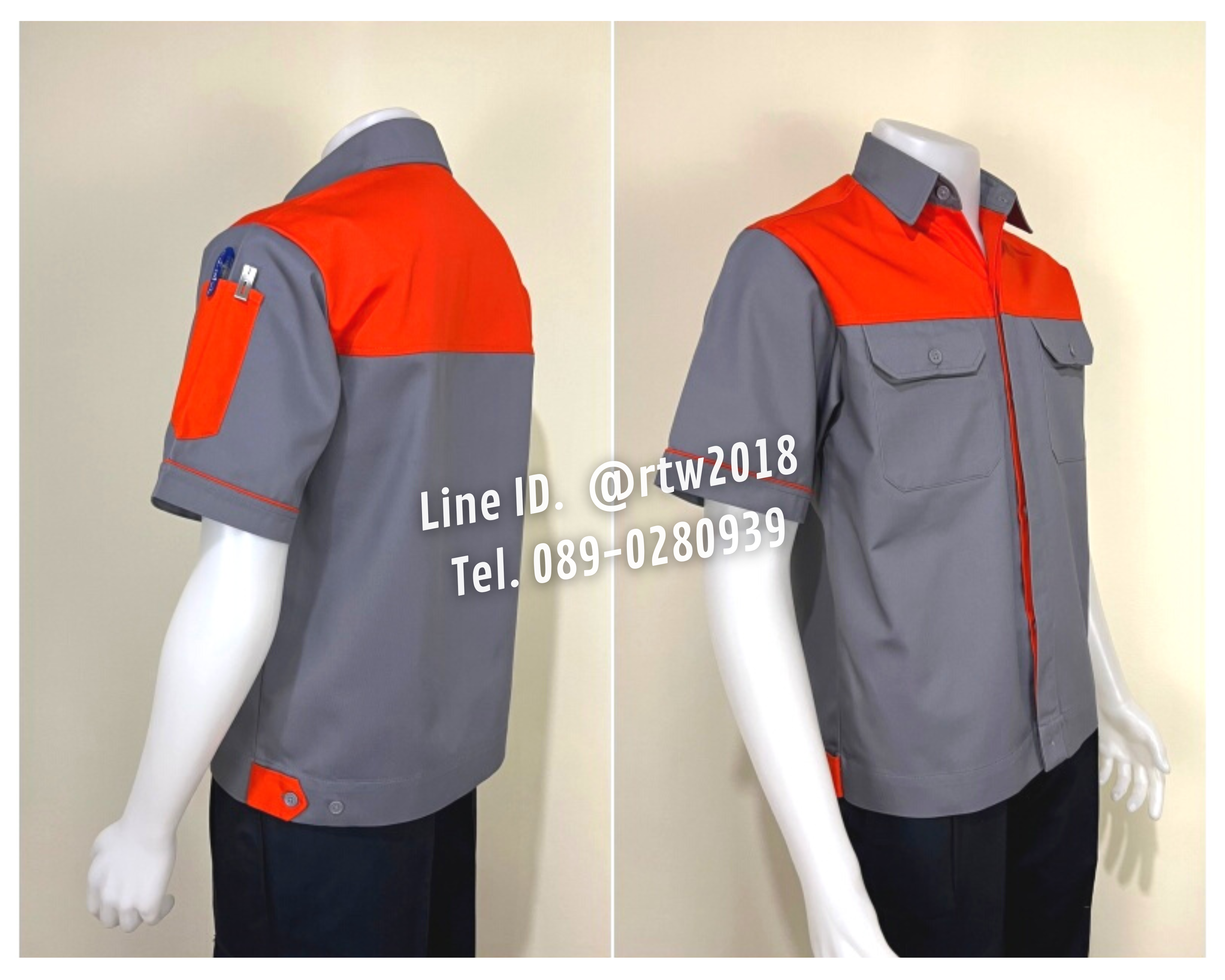 รหัส A8.7 : เสื้อช่างแขนสั้นผ้าคอมทวิวเทาอกส้ม (ซ่อนสาบ)