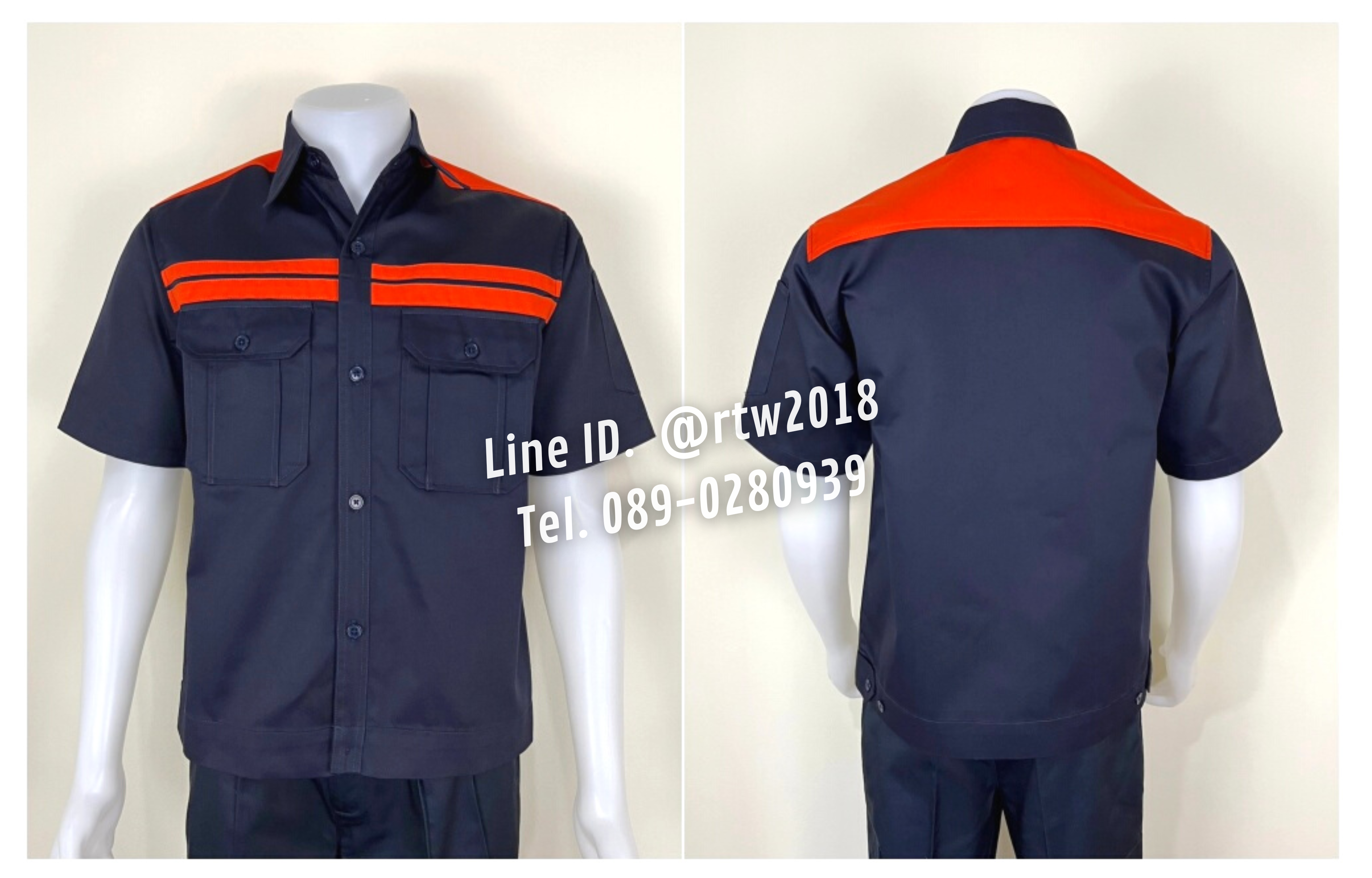 รหัส A19.2 : เสื้อช่างแขนสั้นผ้าคอมทวิวสีกรมท่าคาดอกส้มคู่