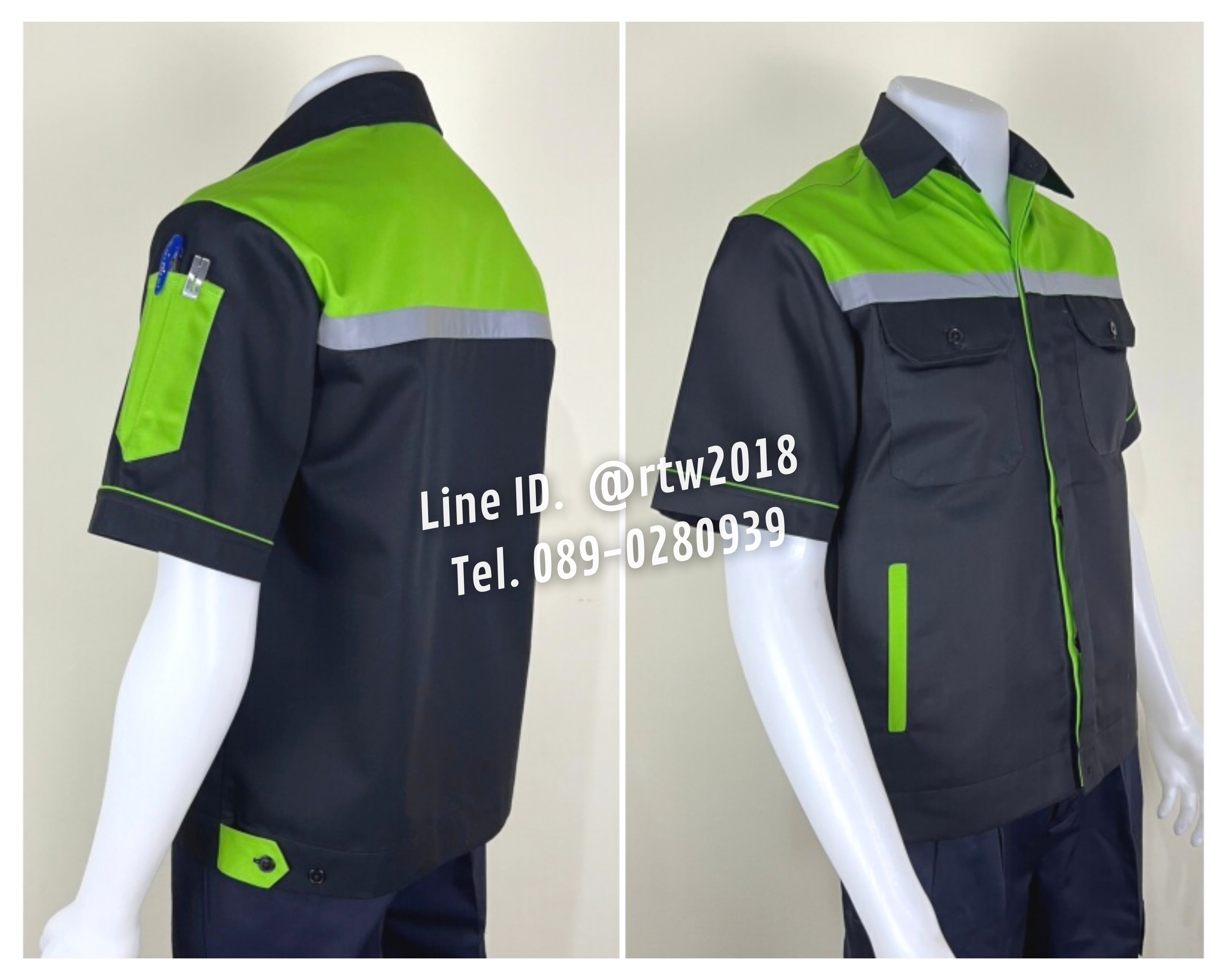 รหัส A35.1 : เสื้อช่างแขนสั้นผ้าคอมทวิว 4 กระเป๋า สีดำอกเขียวอ่อน (ติดสะท้อนแสง)