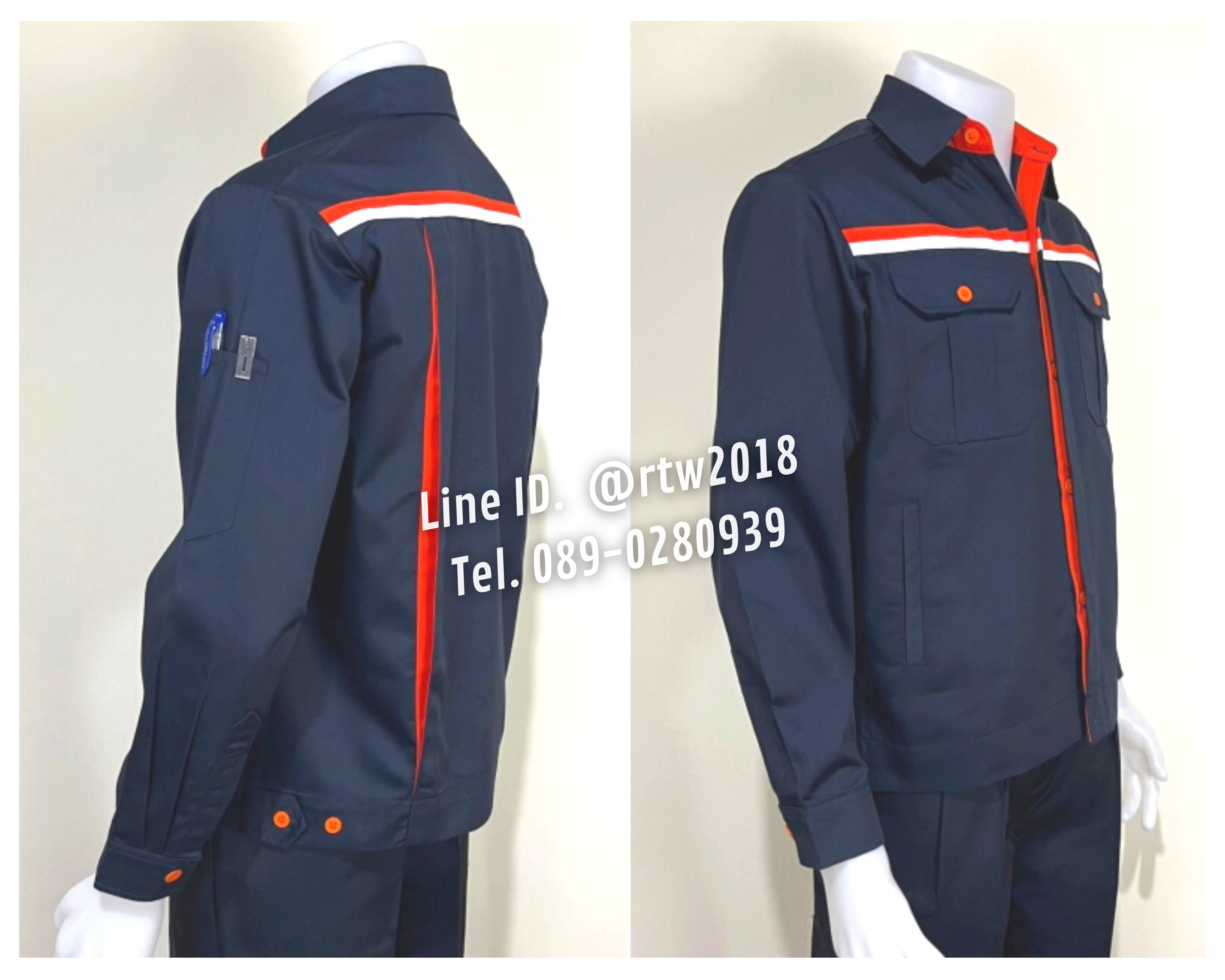 รหัส AB5 : เสื้อช่างแขนยาวผ้าคอมทวิวสีกรมท่าแต่งส้มคาดอกขาว 4 กระเป๋า (ซ่อนสาบ)