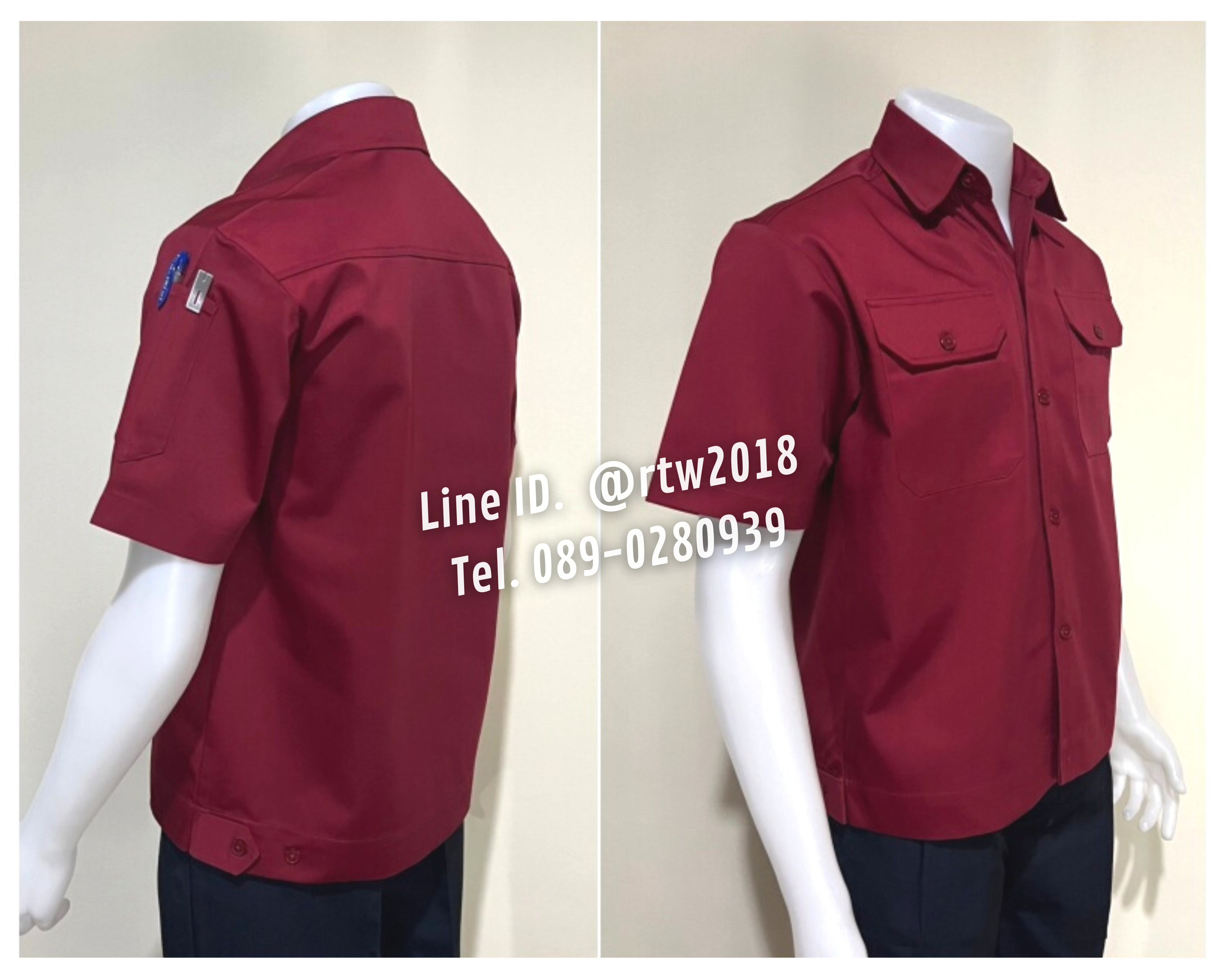 รหัส A2.4 : เสื้อช่างแขนสั้นผ้าคอมทวิวสองกระเป๋าที่อกสีเลือดหมูล้วน