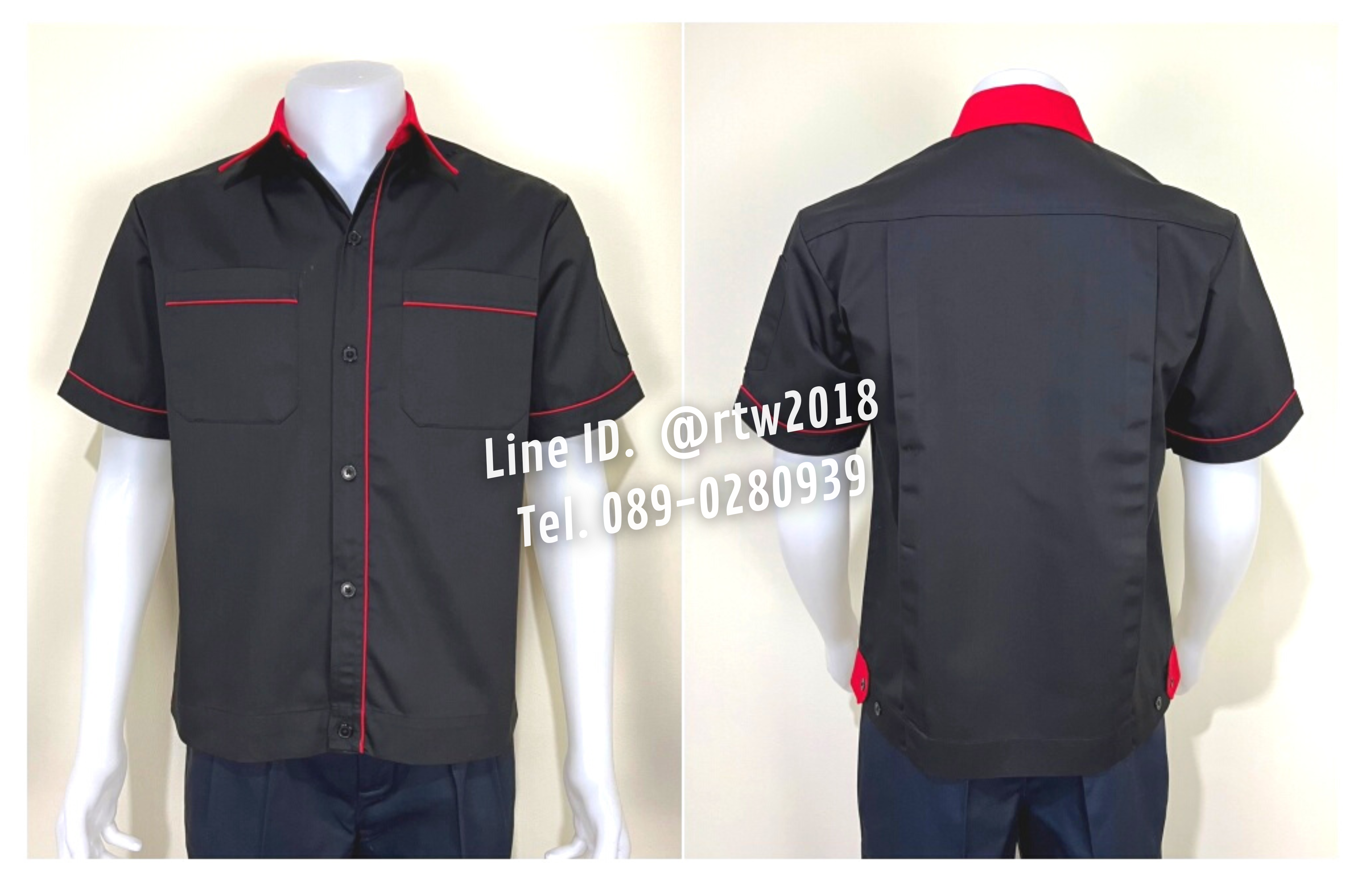 รหัส A7.9 : เสื้อช่างแขนสั้นผ้าคอมทวิวสีดำกุ้นแดง