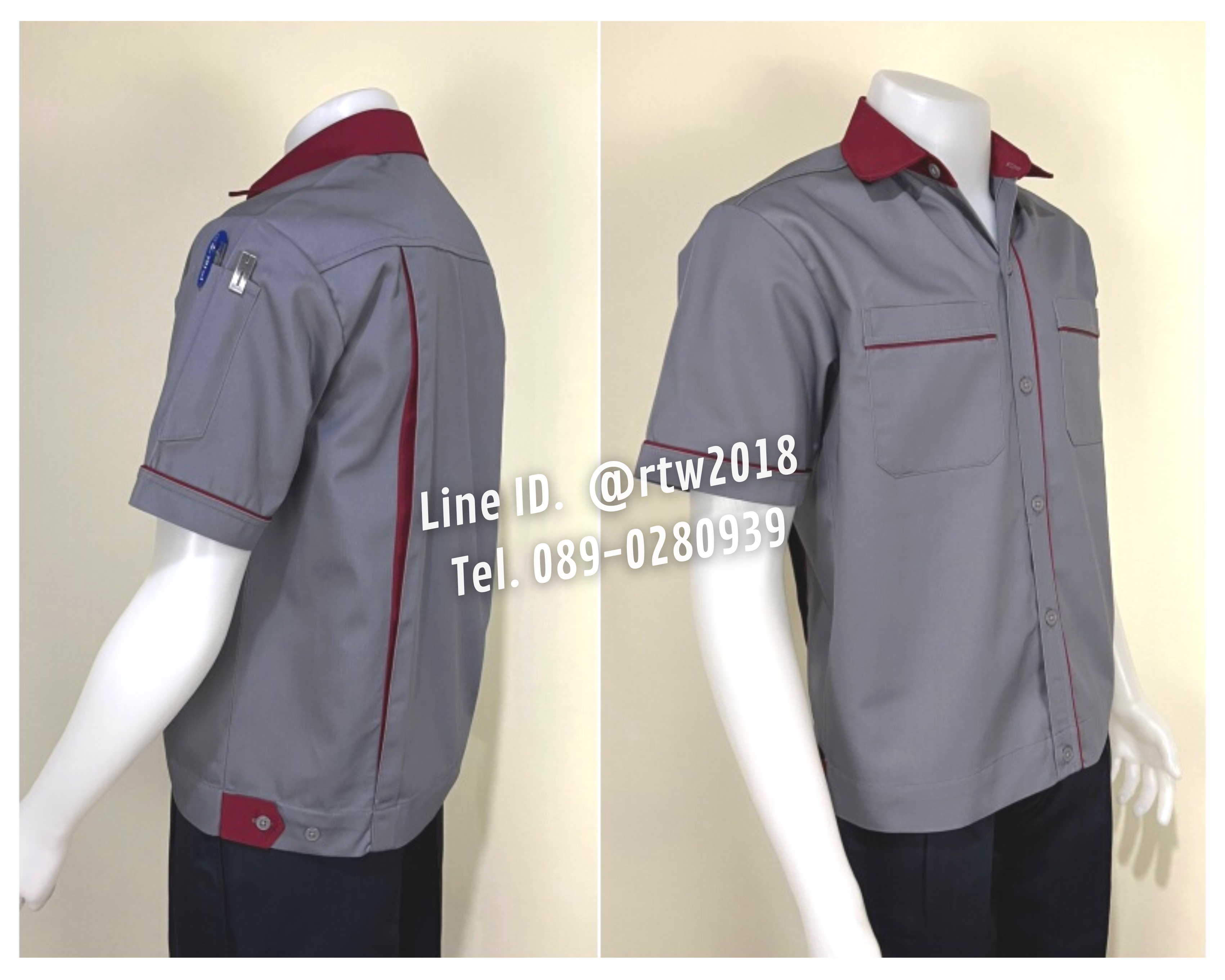 รหัส A5.12 : เสื้อช่างแขนสั้นผ้าคอมทวิวสีเทากุ้นเลือดหมู