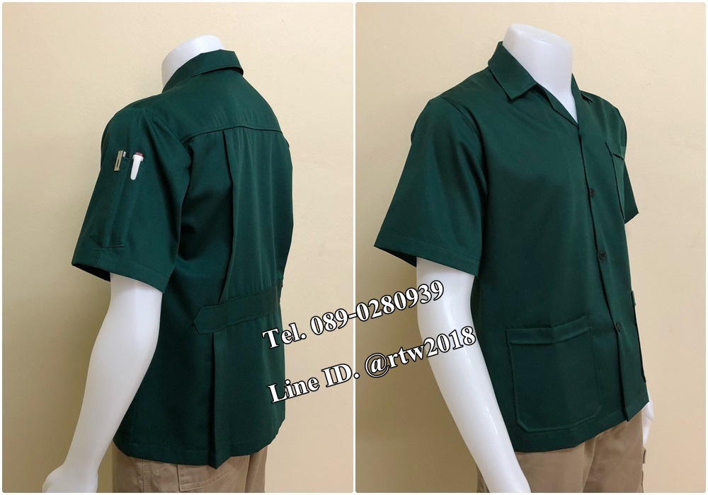 เสื้อช็อปแขนสั้นแบบสามกระเป๋าสีเขียวล้วน (รหัส A84)