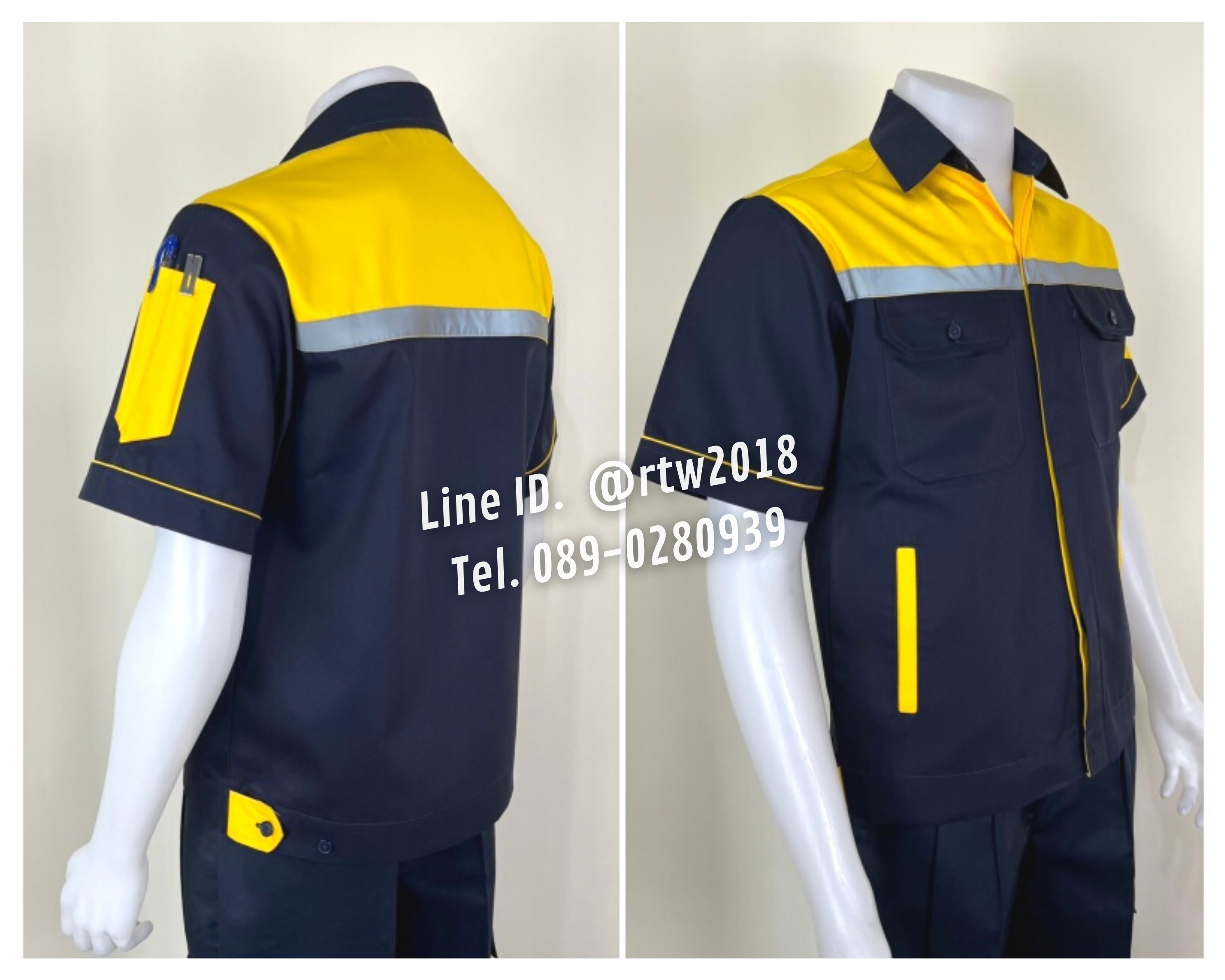 รหัส A34.1 : เสื้อช่างแขนสั้นผ้าคอมทวิว 4 กระเป๋า สีกรมท่าอกเหลือง (ติดสะท้อนแสง)