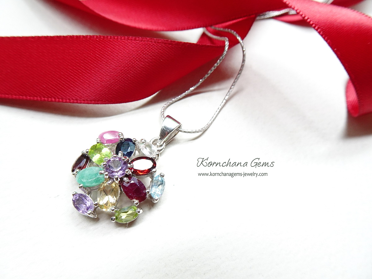 จี้พลอยแท้ multicolor gems pendant จี้พลอยนำโชค จี้พลอย 9 สี ทั้งแดงการ์เนท ชมพูทับทิม ม่วงอเมทิสท์ น้ำเงินไพลิน เขียวเพอริดอท