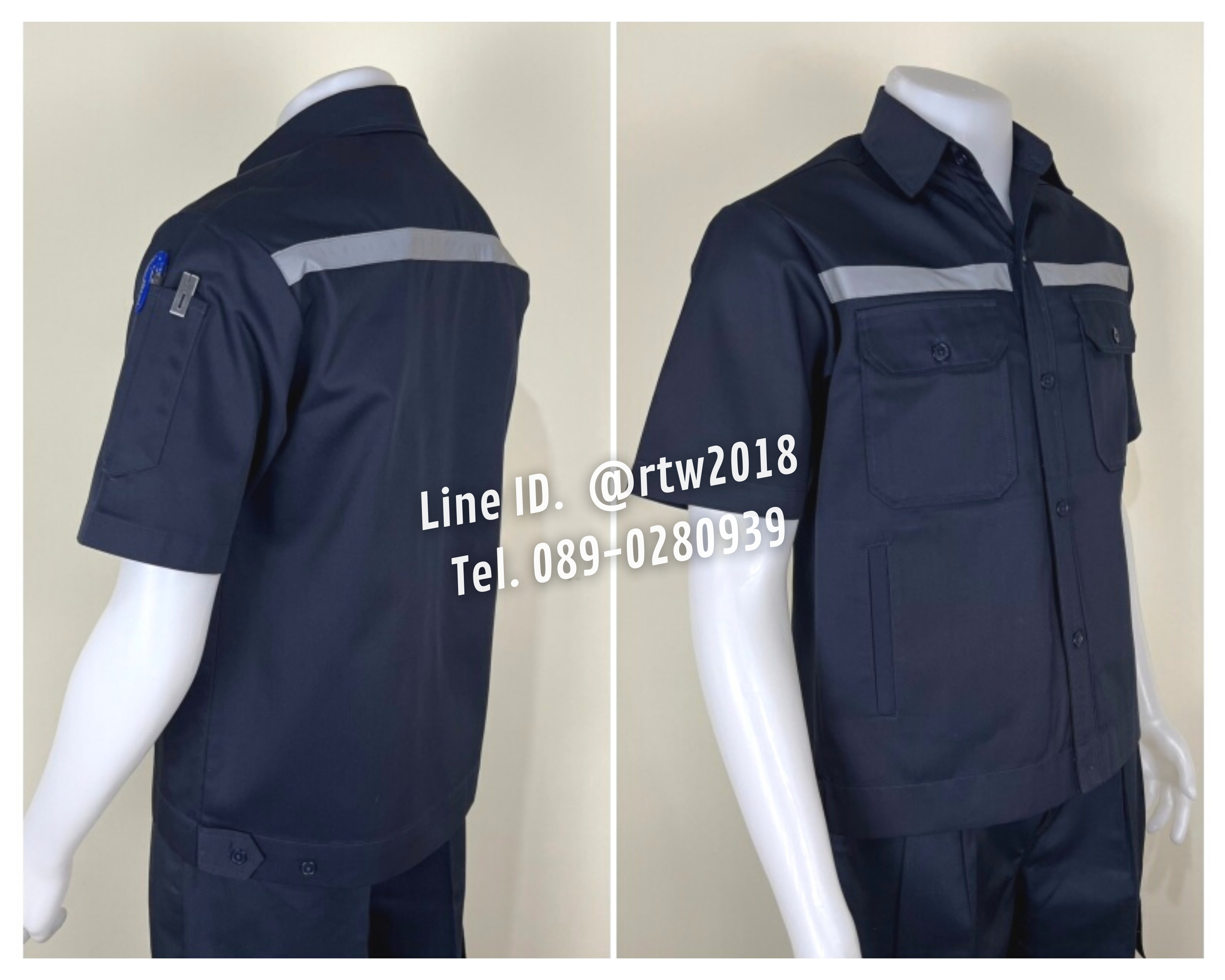 รหัส A4.1 : เสื้อช่างแขนสั้นผ้าคอมทวิวสี่กระเป๋าสีกรมท่าล้วน (ติดสะท้อนแสง)