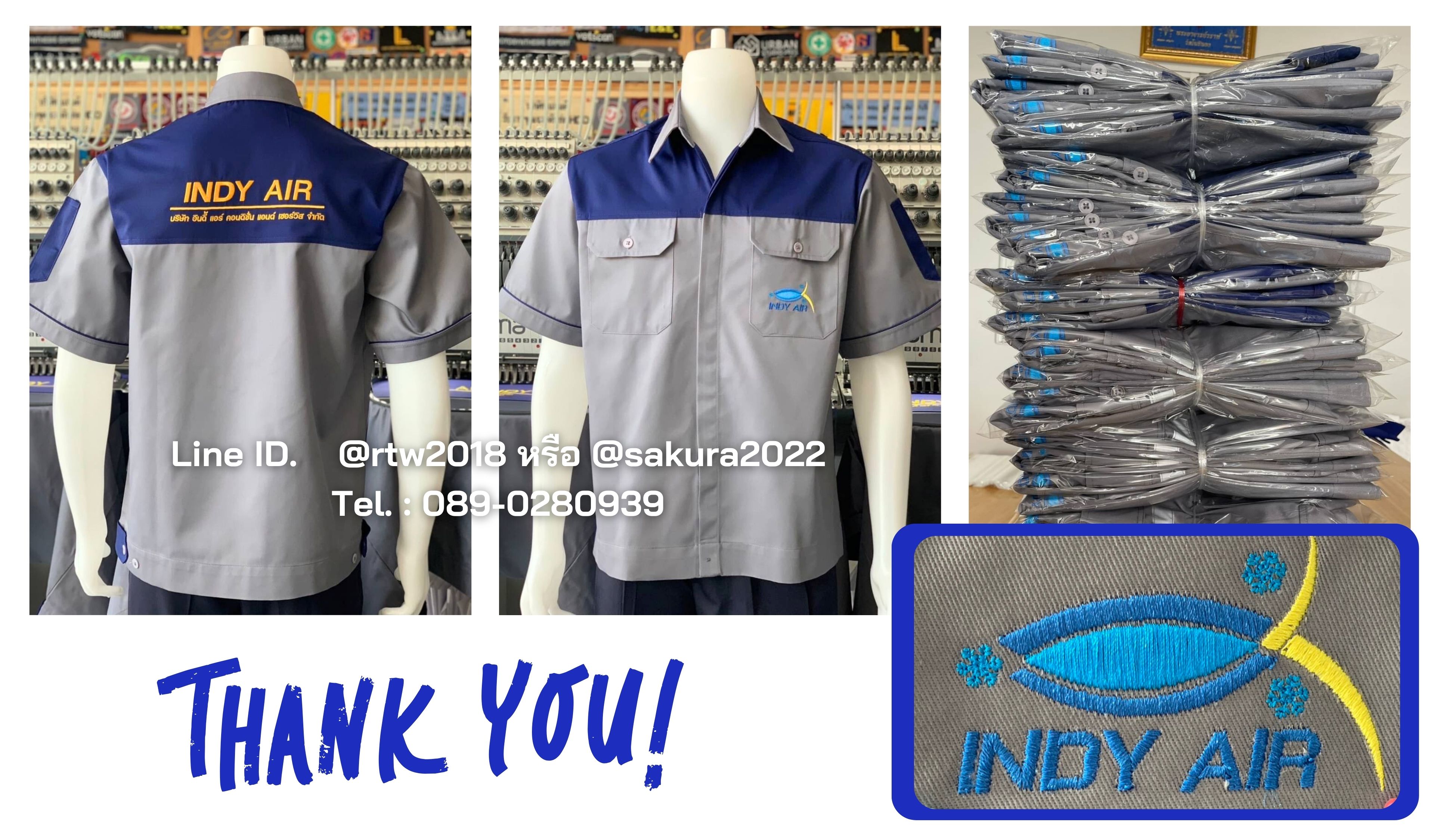 รหัส A8.2 : เสื้อช่างแขนสั้นผ้าคอมทวิวเทาอกน้ำเงิน (ซ่อนสาบ)