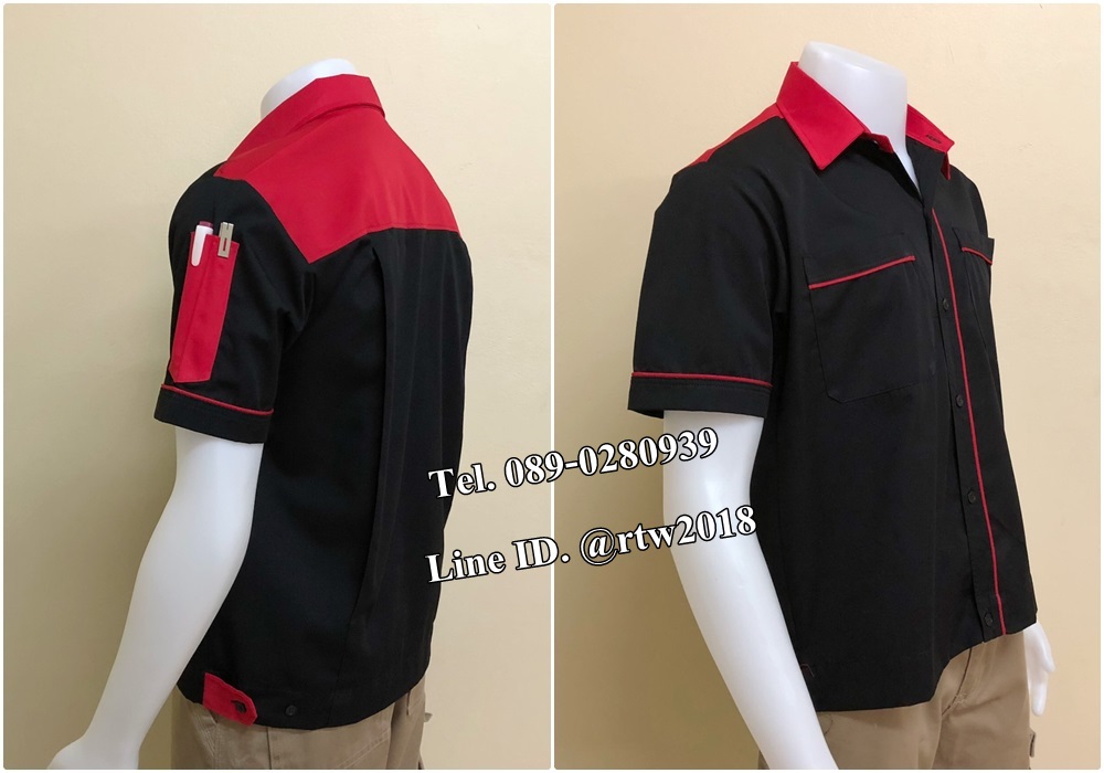 รหัส A83 : เสื้อช็อปแขนสั้นแบบดำบ่าแดง