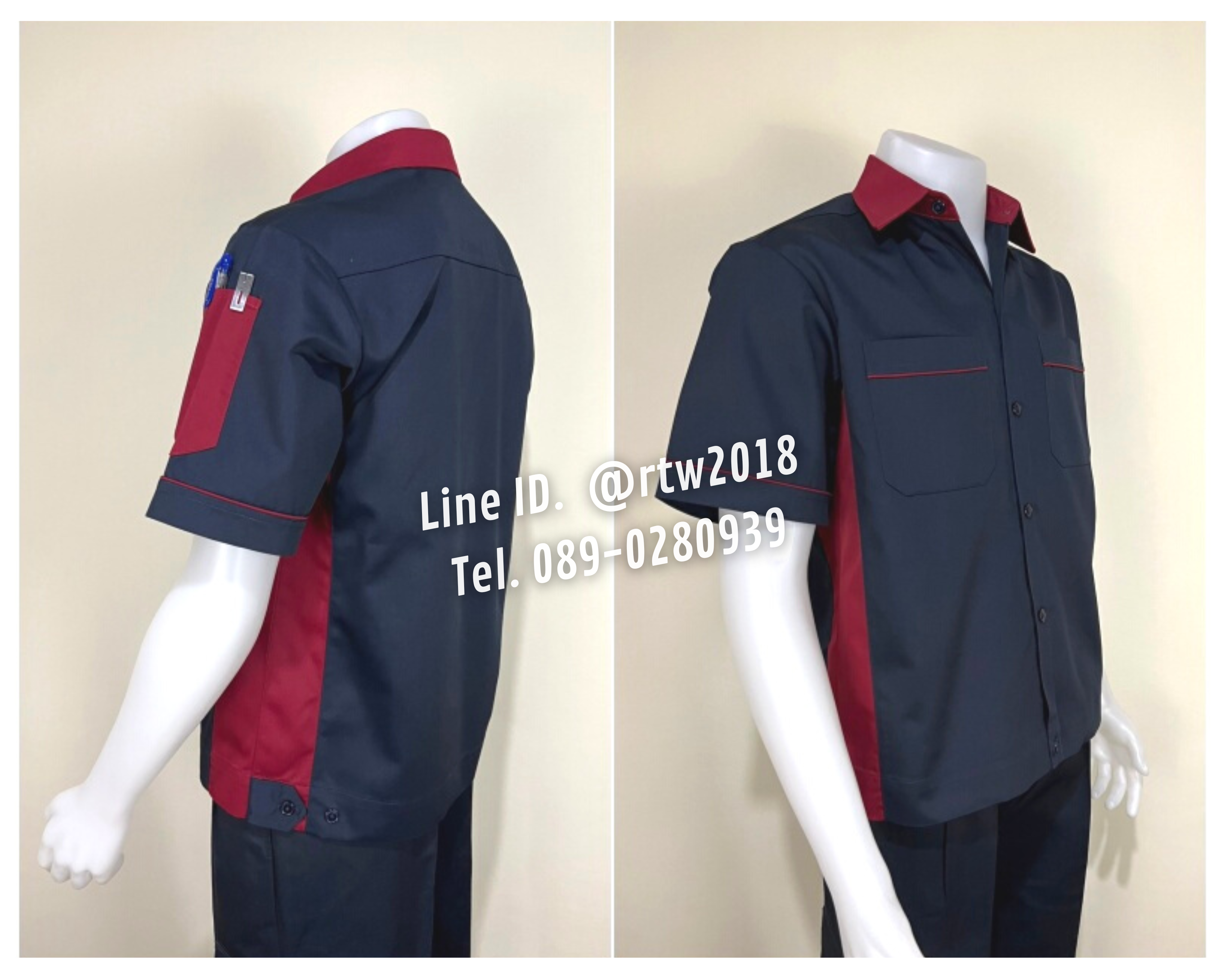 รหัส A12.11 : เสื้อช่างแขนสั้นผ้าคอมทวิวสีกรมท่าข้างเลือดหมู