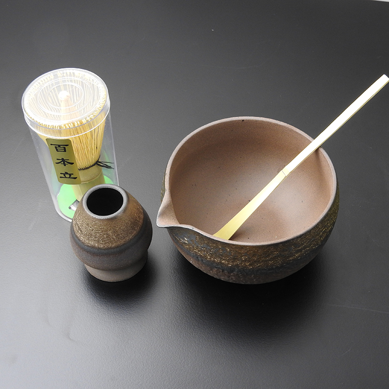 ชุดทำชาเขียวญี่ปุ่น (มัทฉะ) 4 ชิ้น พร้อมชามปากเท สีคอปเปอร์