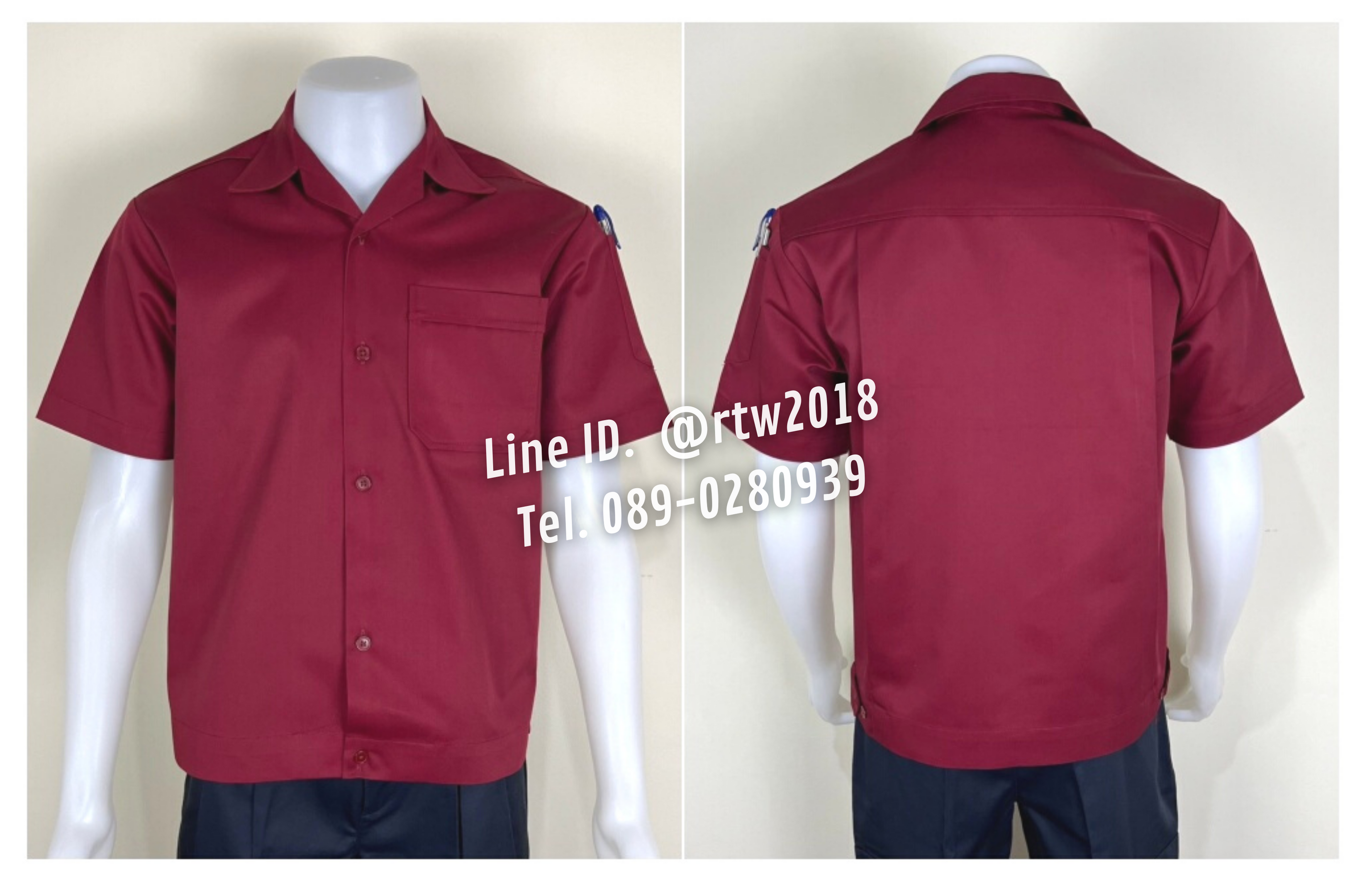 รหัส A3.3 : เสื้อช่างแขนสั้นผ้าคอมทวิวกระเป๋าเดียวสีเลือดหมูล้วน