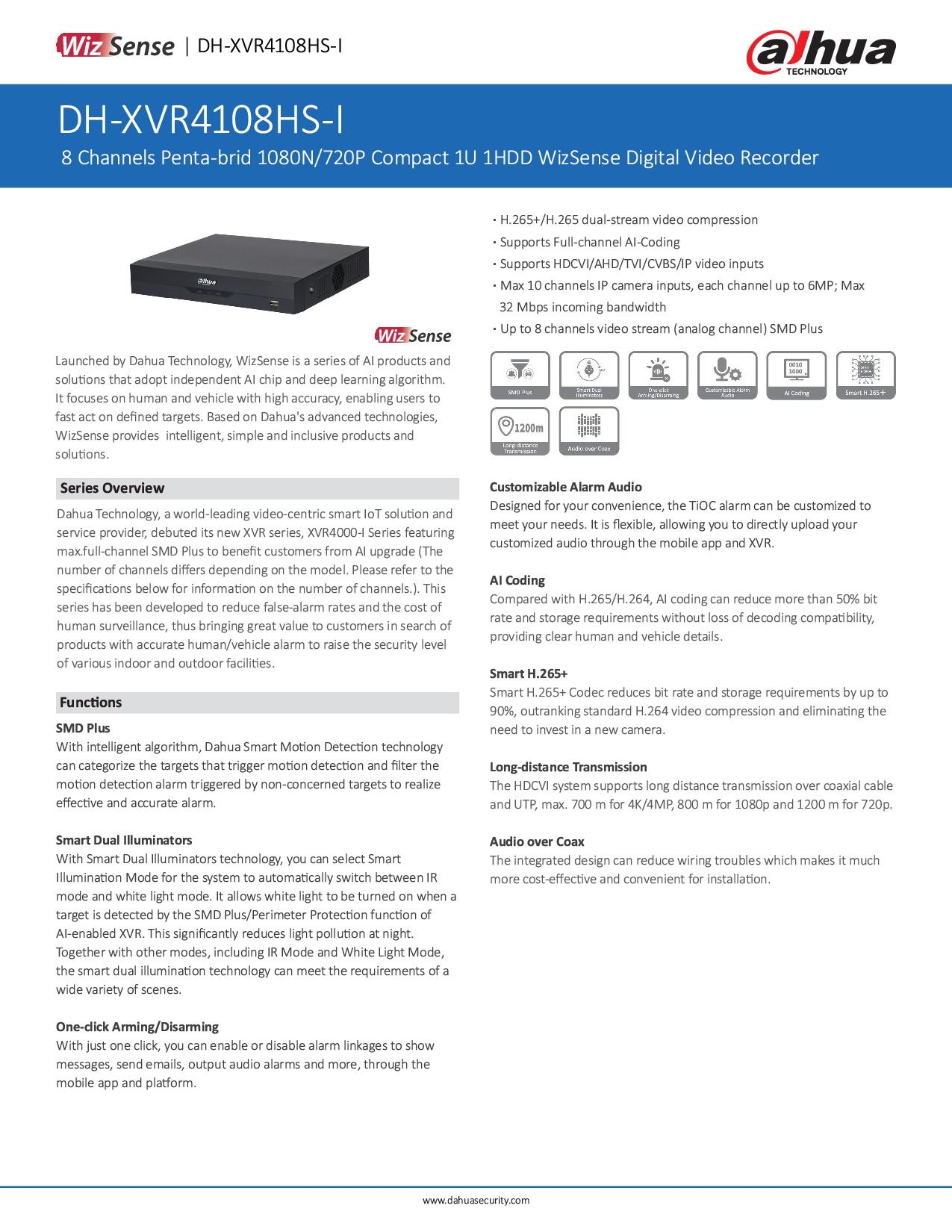 Dahua XVR4108HS-I เครื่องบันทึกกล้องวงจรปิด 8 ช่อง