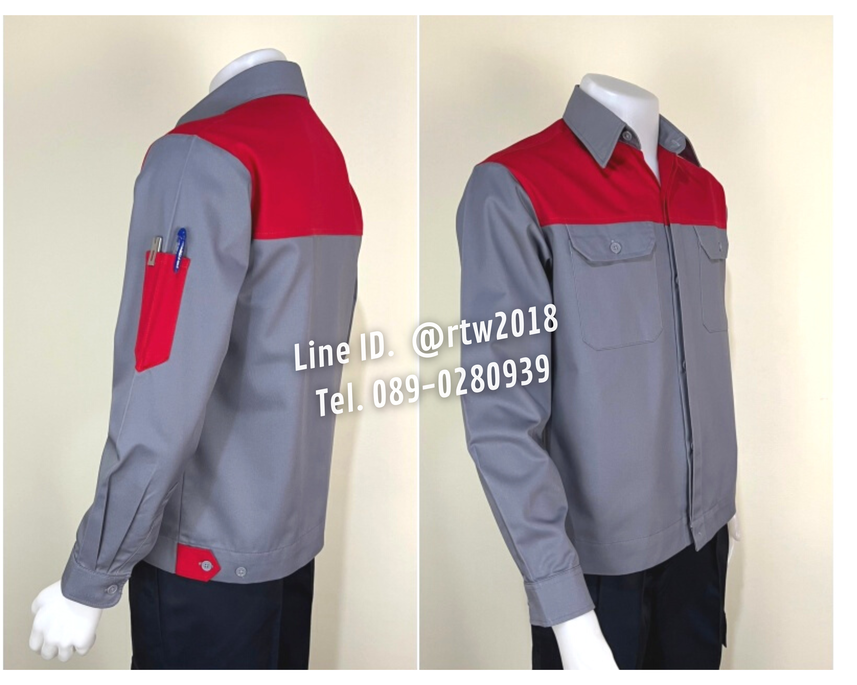 รหัส AB2.8 : เสื้อช่างแขนยาวผ้าคอมทวิวเทาอกแดง (ซ่อนสาบ)