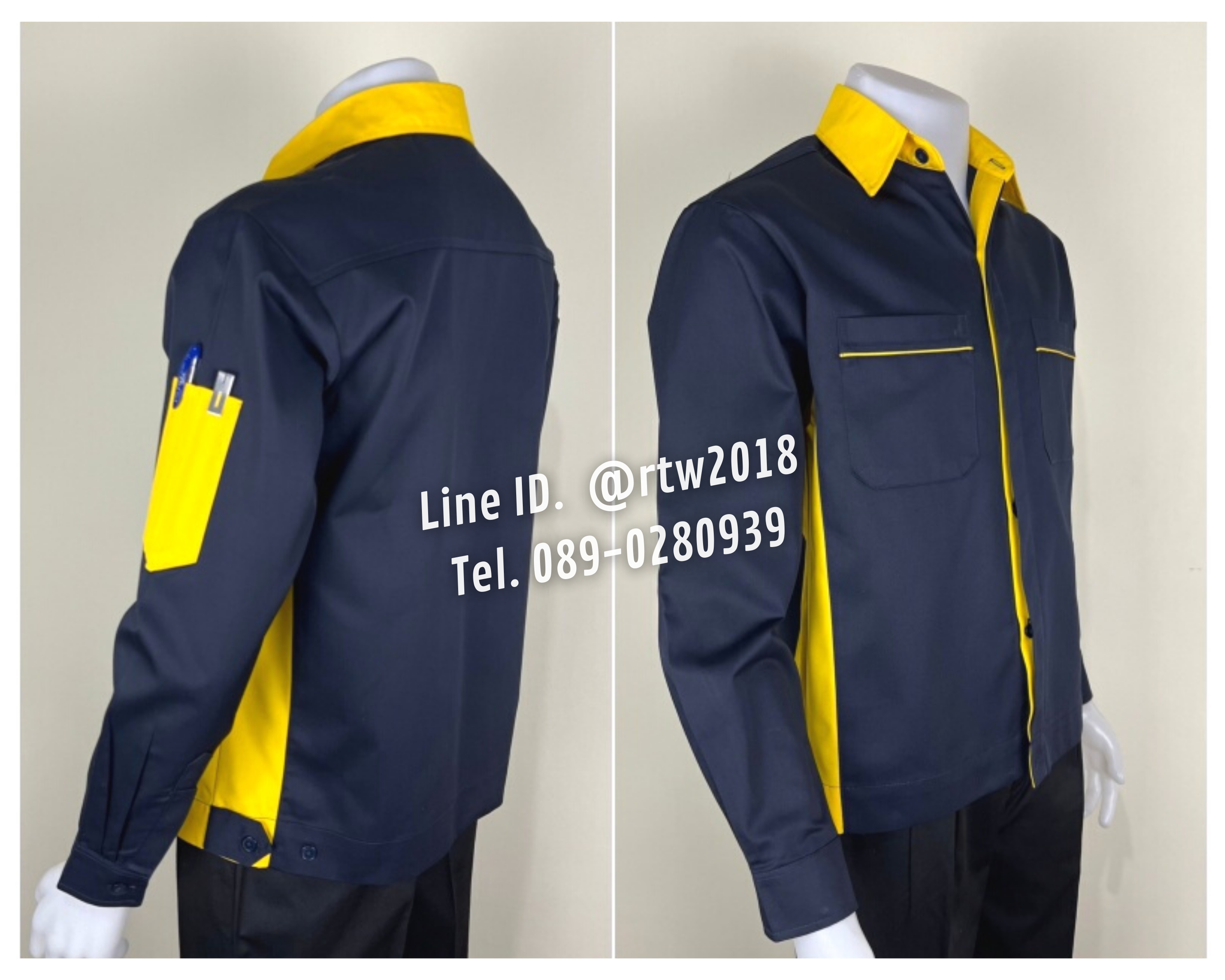 รหัส AB10.4 : เสื้อช่างแขนยาวผ้าคอมทวิวสีกรมท่าข้างเหลือง (ซ่อนสาบ)