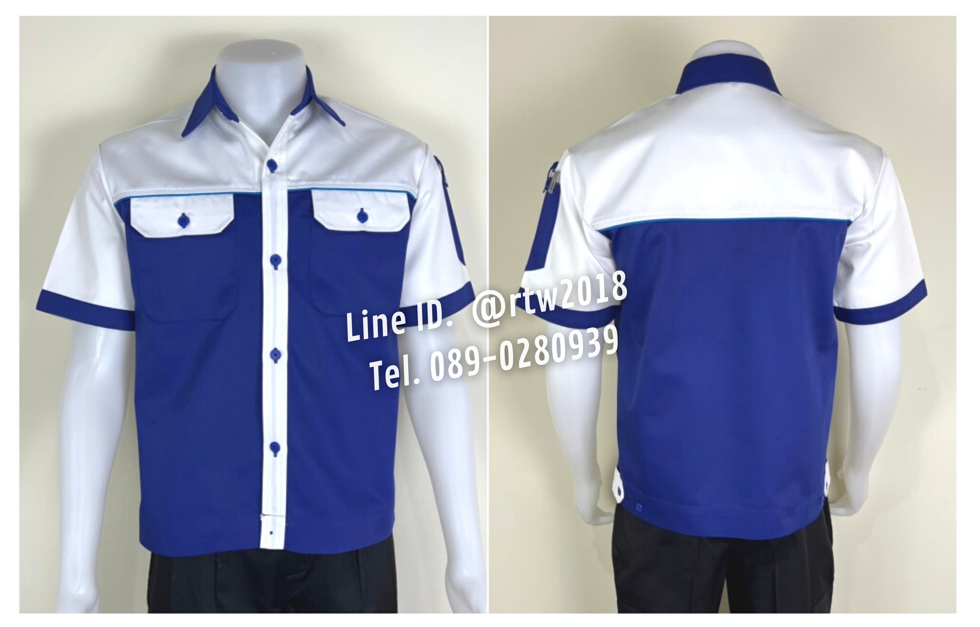 รหัส A29.4 : เสื้อช่างแขนสั้นผ้าคอมทวิวสีน้ำเงินอก+แขนขาว (กุ้นฟ้าเข้ม)