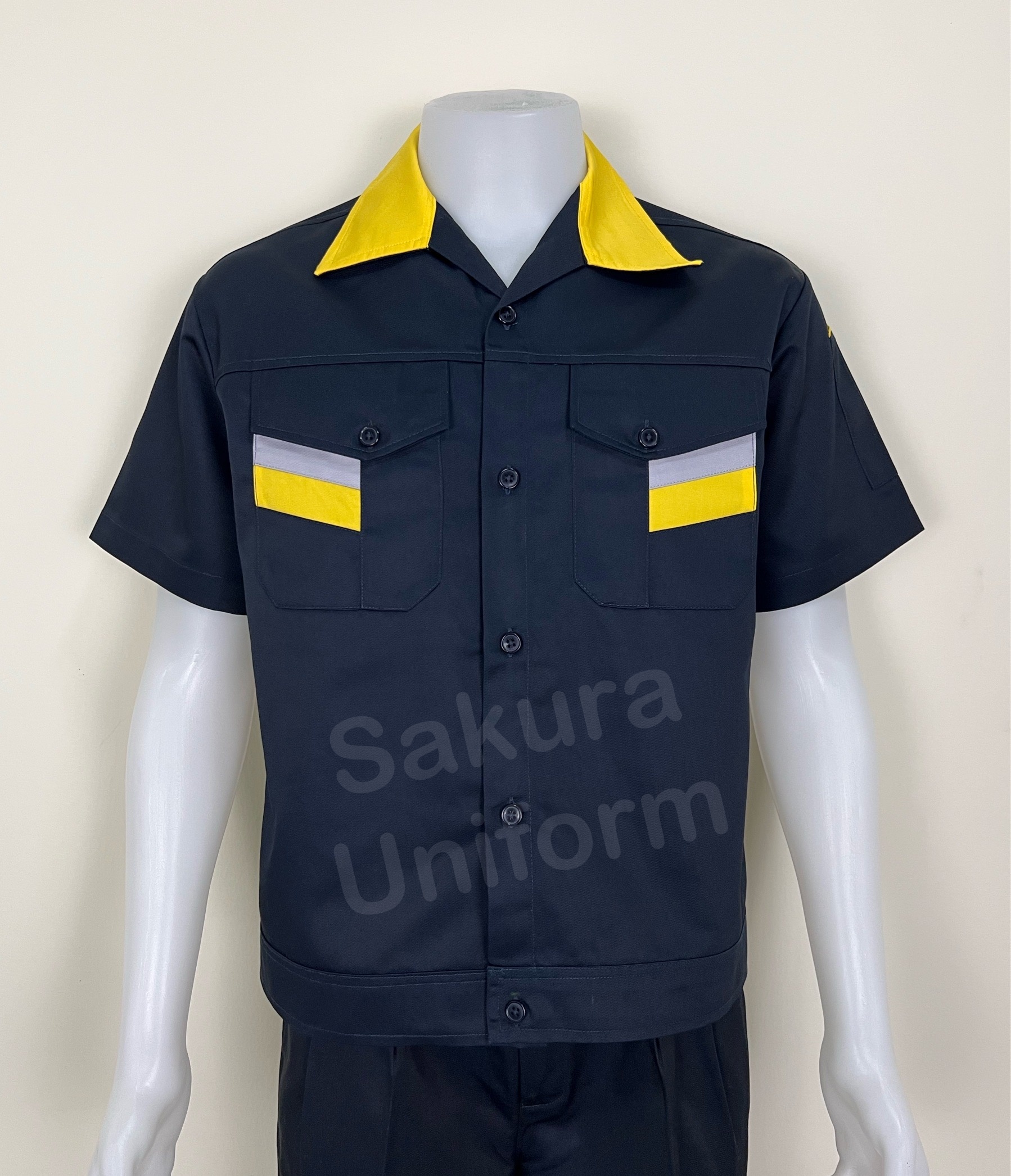 เสื้อช็อปแขนสั้นผ้าคอมทวิวแบบกรมแต่งเหลือง (รหัส A118)