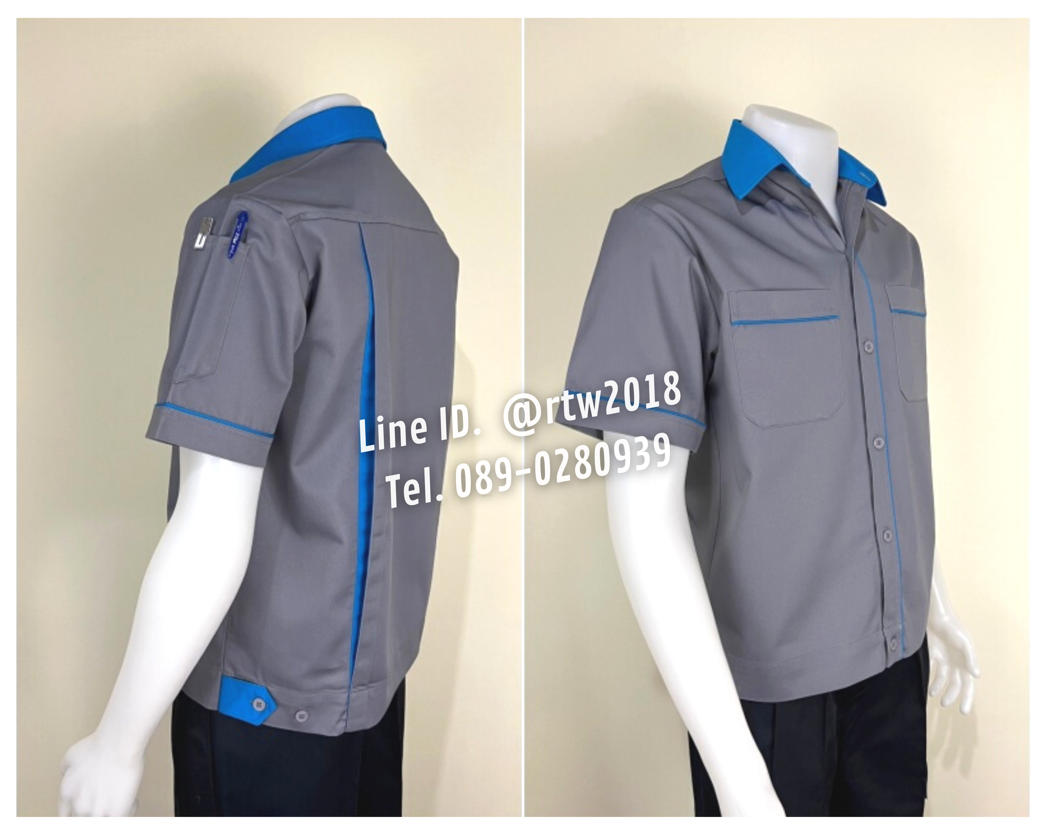 รหัส A5.3 : เสื้อช่างแขนสั้นผ้าคอมทวิวสีเทากุ้นฟ้าเข้ม