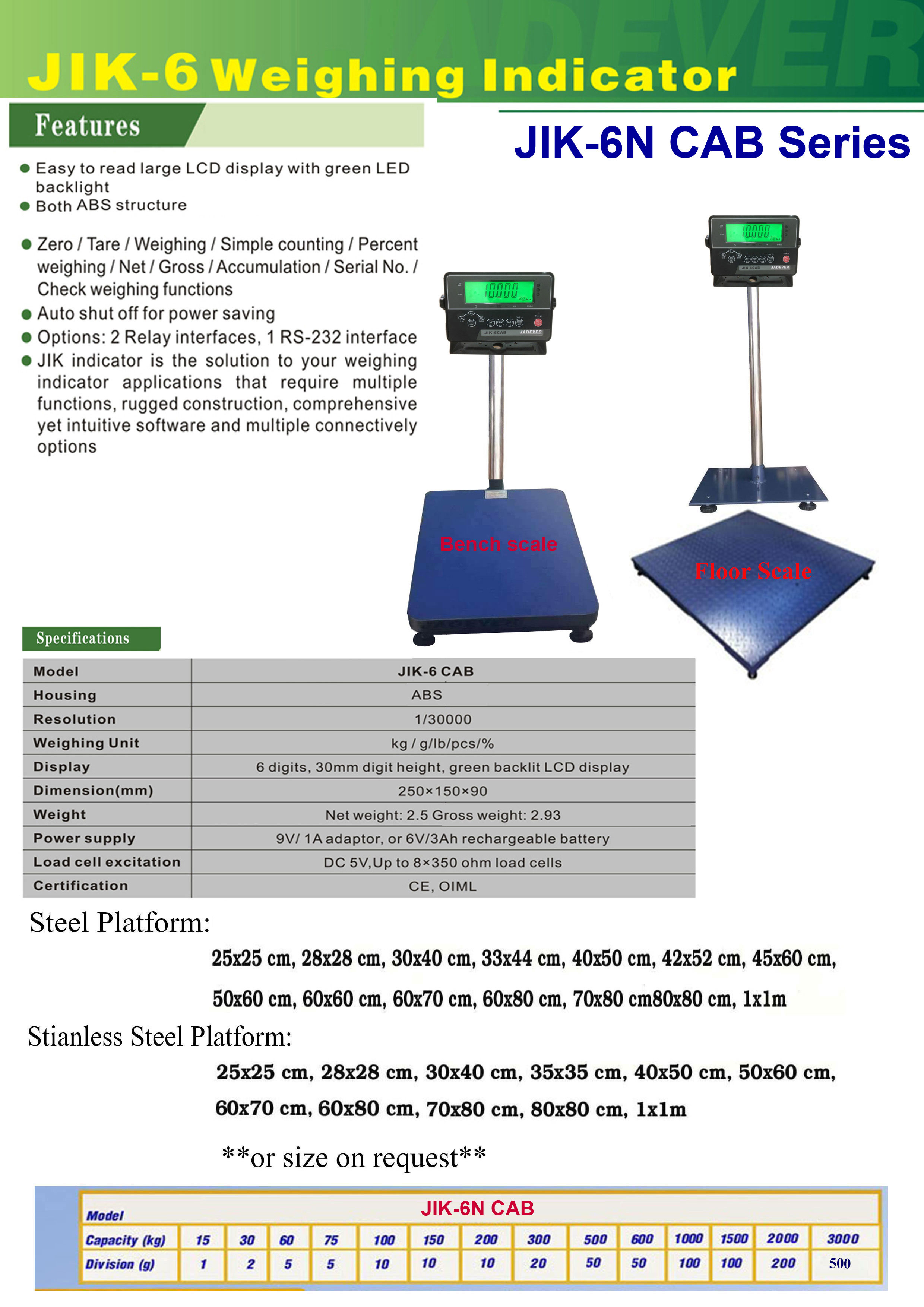 JADEVER เครื่องชั่งดิจิตอลตั้งพื้น JIK-6 CAB JIK-6 CAB