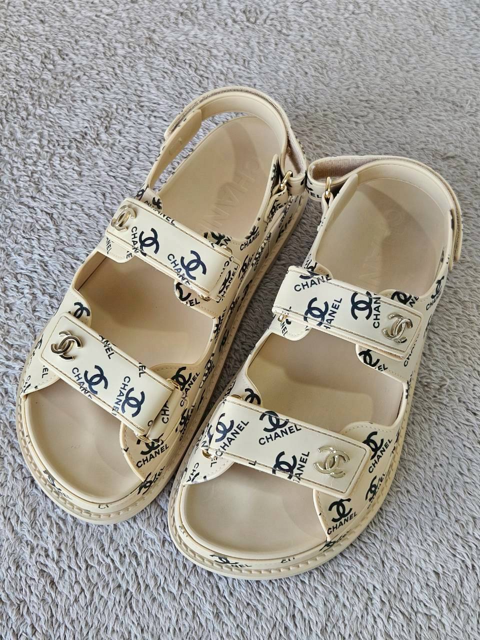 Chanel CC Dad Sandals In Rubber with God Hardware Beige