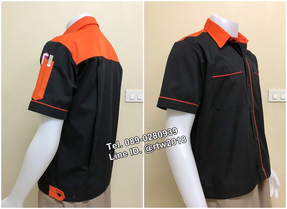 รหัส A41 : เสื้อช่างแขนสั้นแบบดำบ่าส้ม