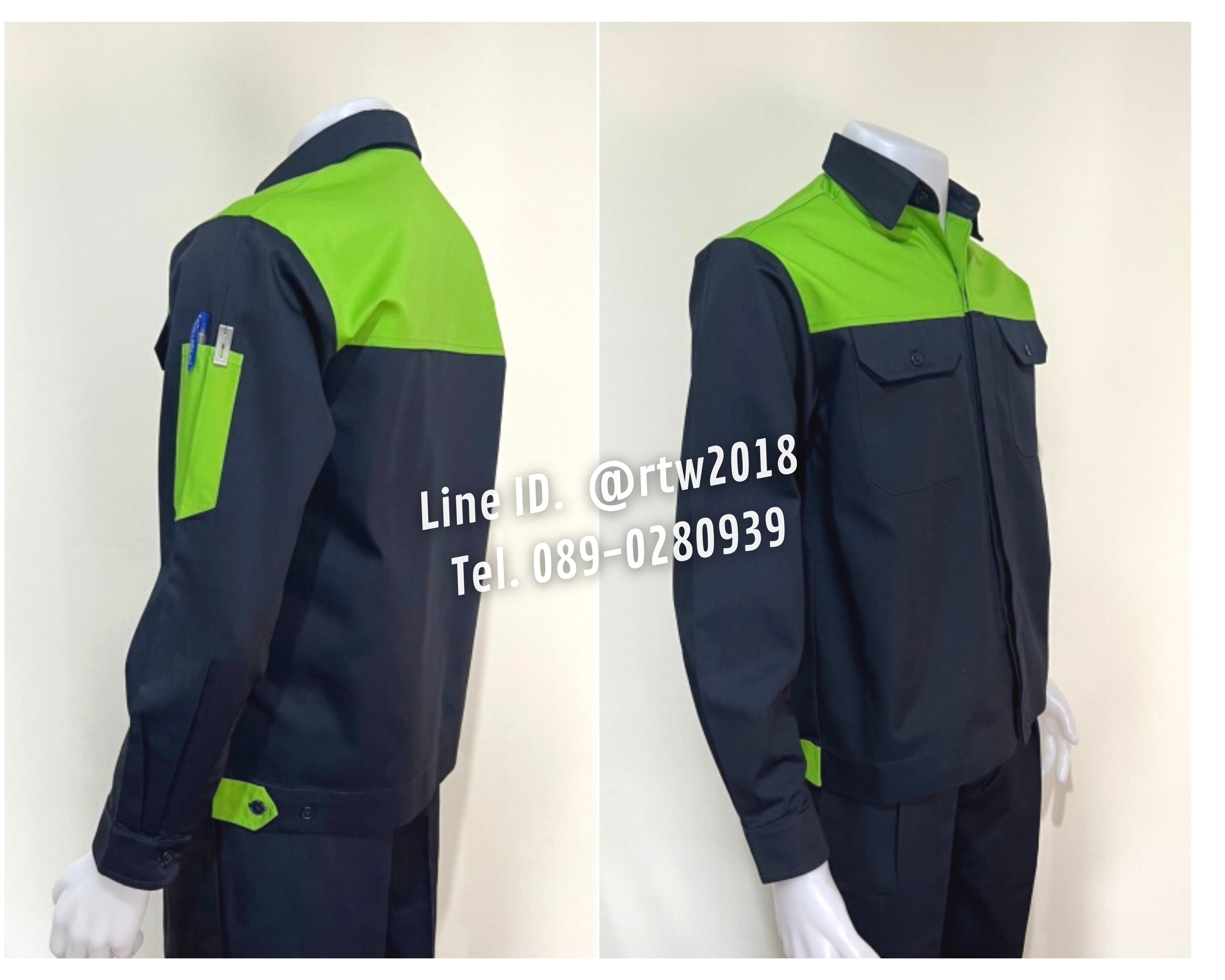 รหัส AB3.3 : เสื้อช่างแขนยาวผ้าคอมทวิวกรมท่าอกเขียวอ่อน (ซ่อนสาบ)