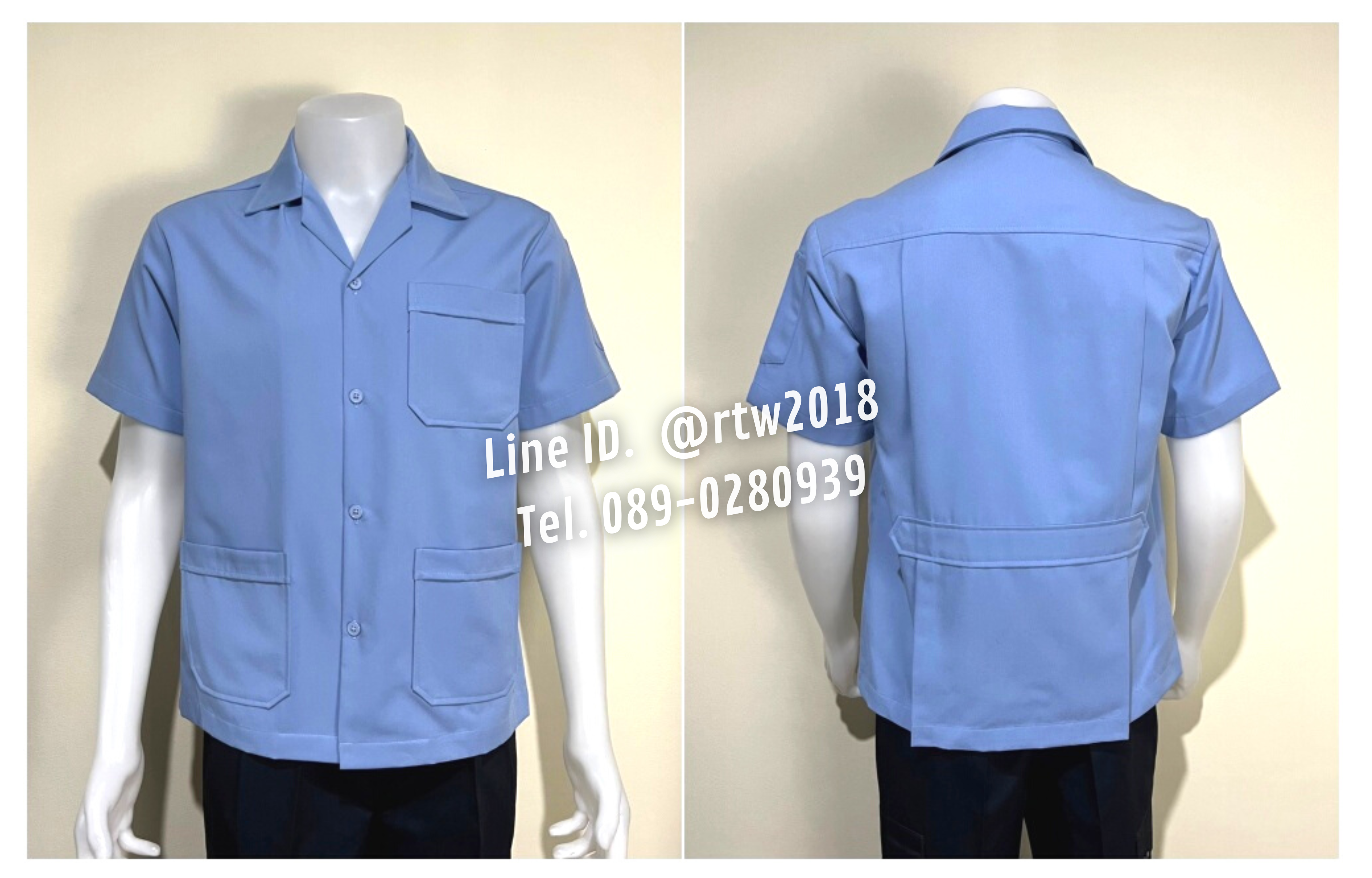 รหัส A1.4 : เสื้อช่างแขนสั้นผ้าคอมทวิวสามกระเป๋าสีฟ้าอ่อนล้วน