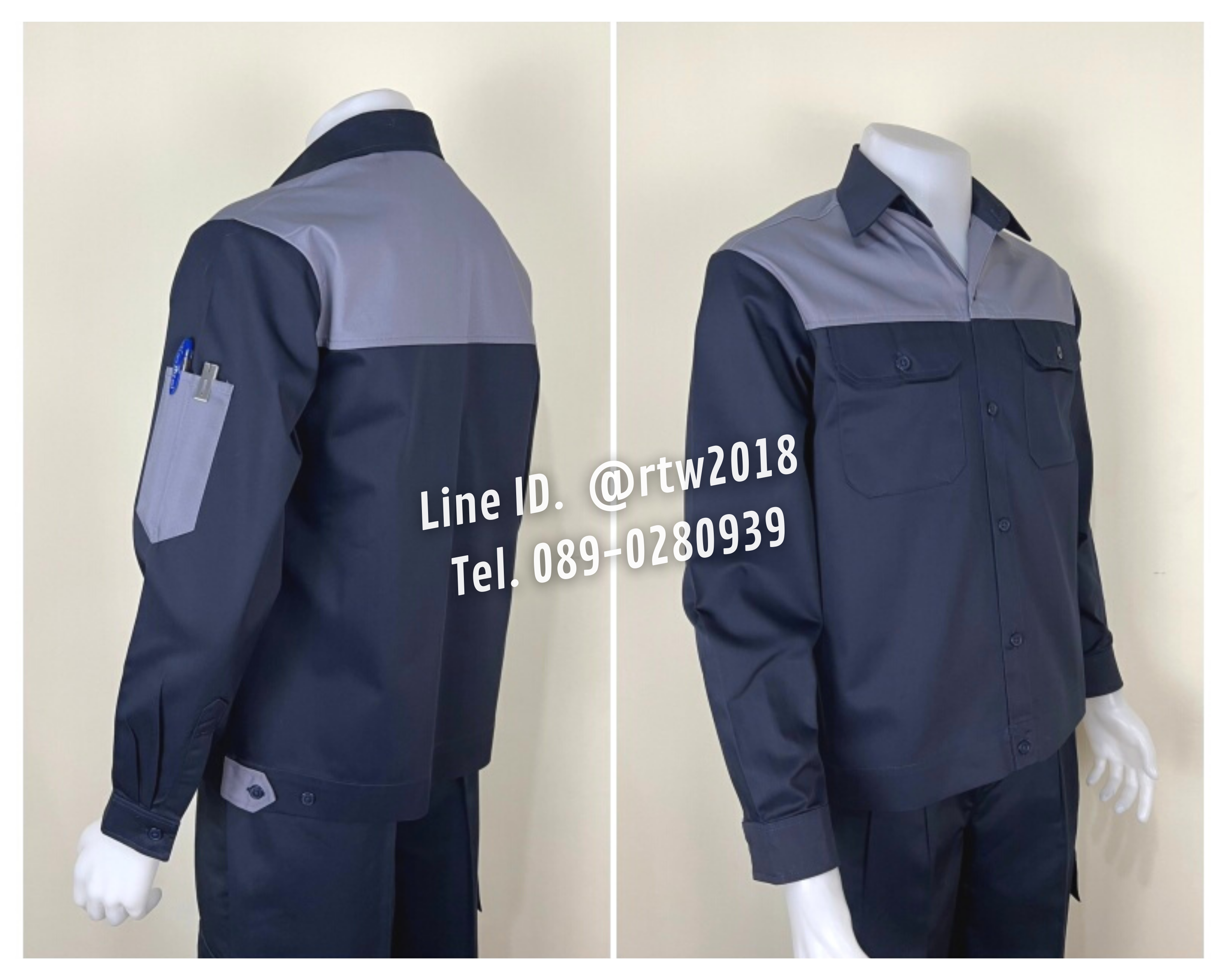 รหัส AB15.6 : เสื้อช่างแขนยาวผ้าคอมทวิวสีกรมท่าอกเทา