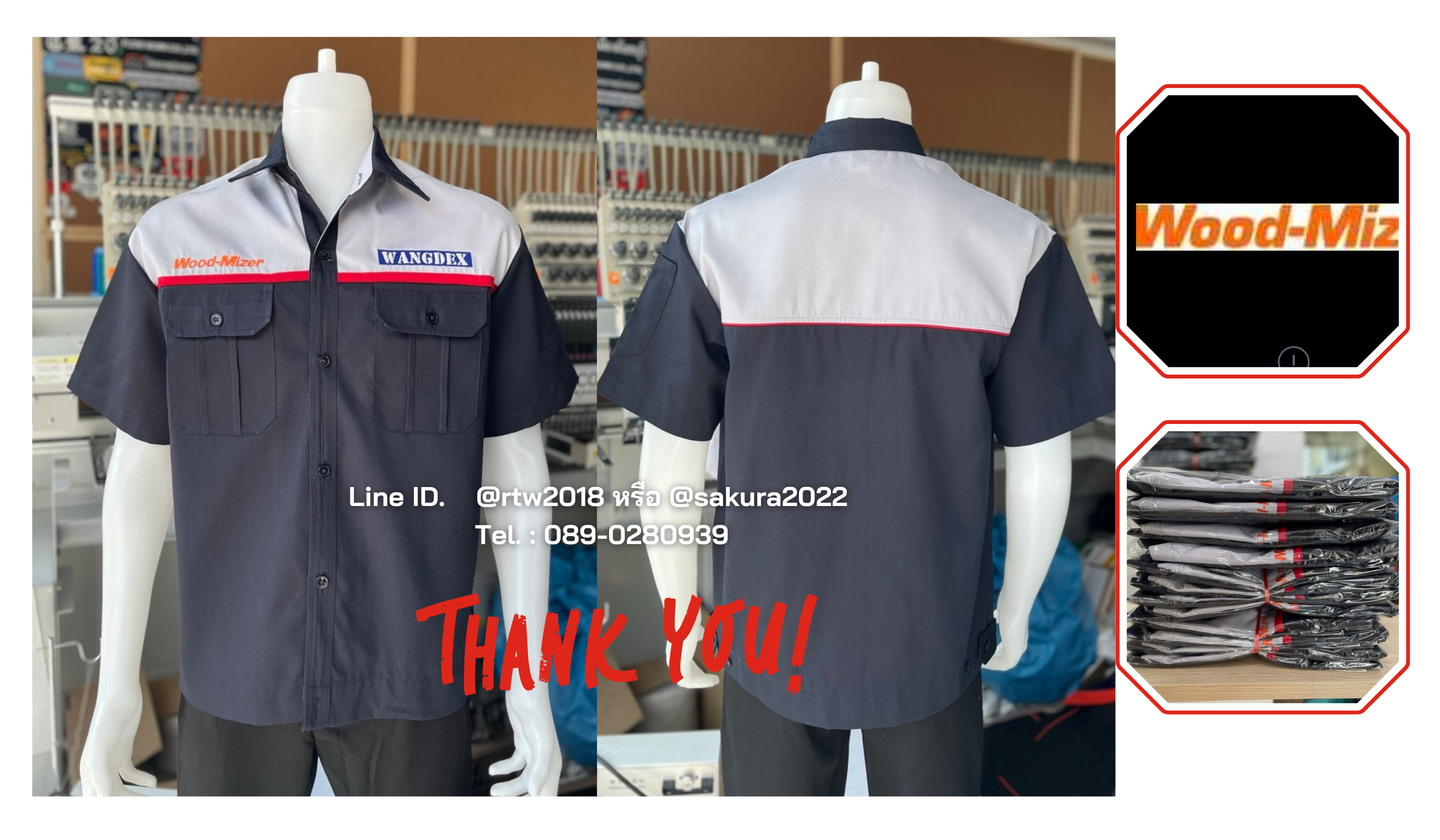 รหัส A20.4 : เสื้อช่างแขนสั้นผ้าคอมทวิวสีกรมท่าอกเทาอ่อนแต่งแดง