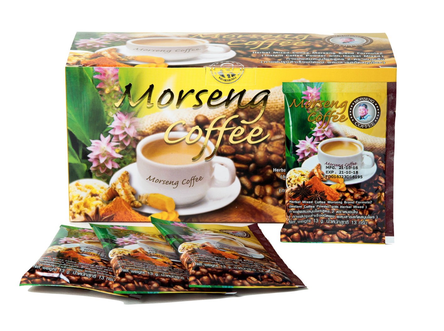 หมอเส็ง กาแฟผสมสมุนไพรสูตร 2 ตราหมอเส็ง 25 ซอง ทอง น้ำตาล 25 ซอง
