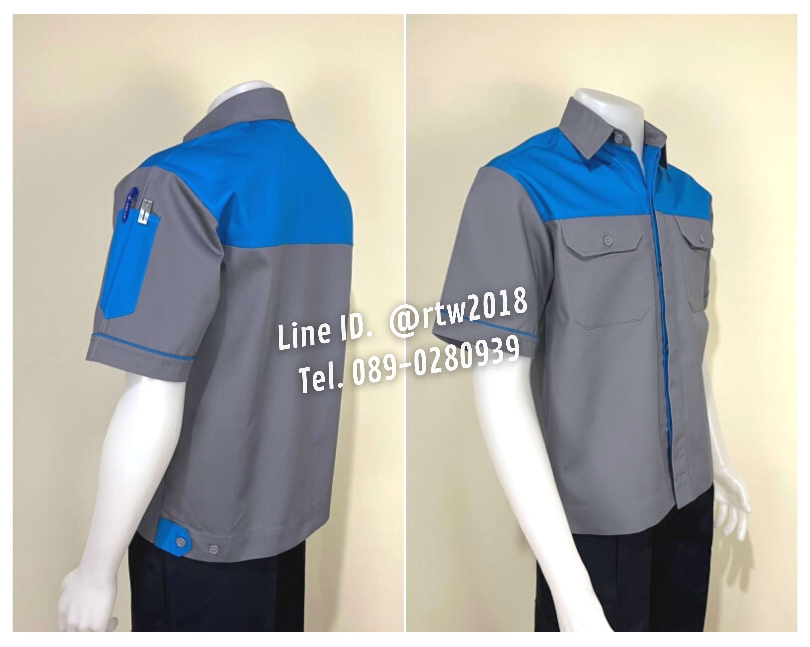 รหัส A8.3 : เสื้อช่างแขนสั้นผ้าคอมทวิวเทาอกฟ้า (ซ่อนสาบ)