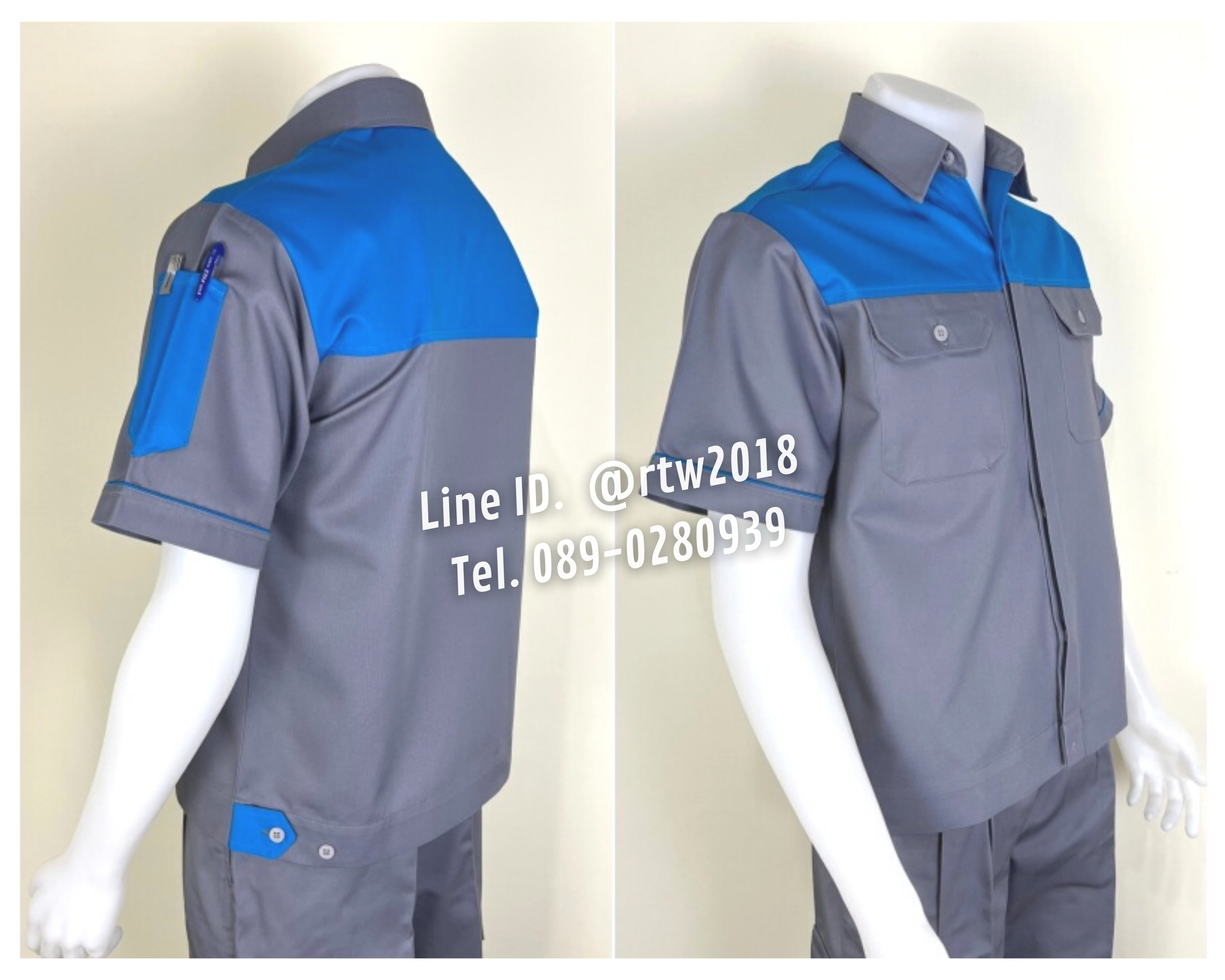 รหัส A8.3.2 : เสื้อช่างแขนสั้นผ้าคอมทวิวเทาอกฟ้าเข้ม (ซ่อนสาบ)