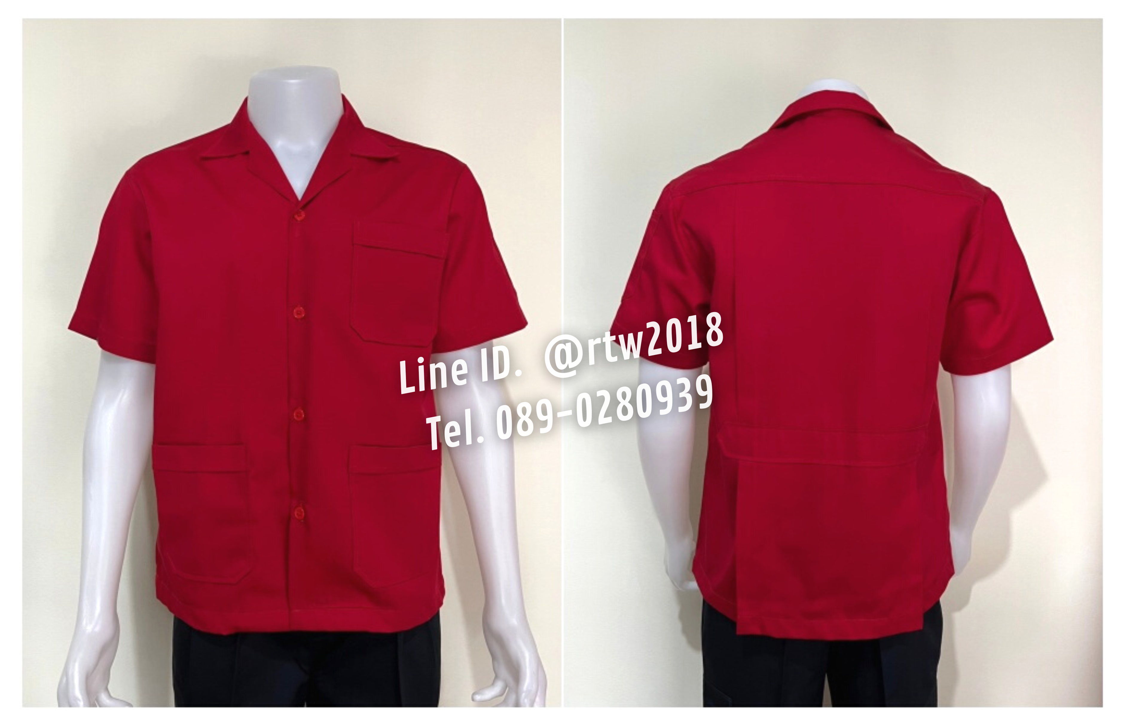 รหัส A1.7 : เสื้อช่างแขนสั้นผ้าคอมทวิวสามกระเป๋าสีแดงล้วน