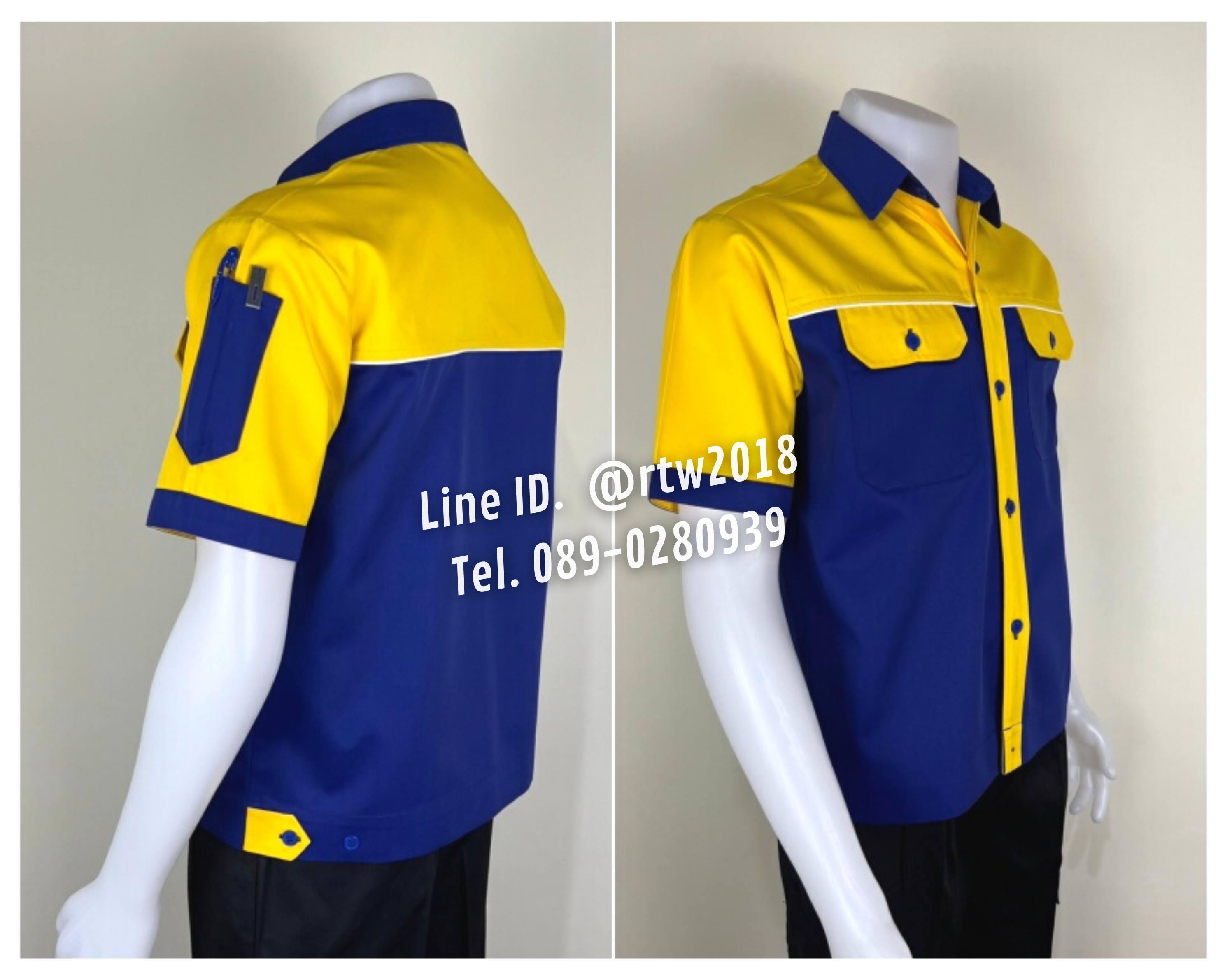 รหัส A29.3 : เสื้อช่างแขนสั้นผ้าคอมทวิวสีน้ำเงินอก+แขนเหลือง (กุ้นขาว)