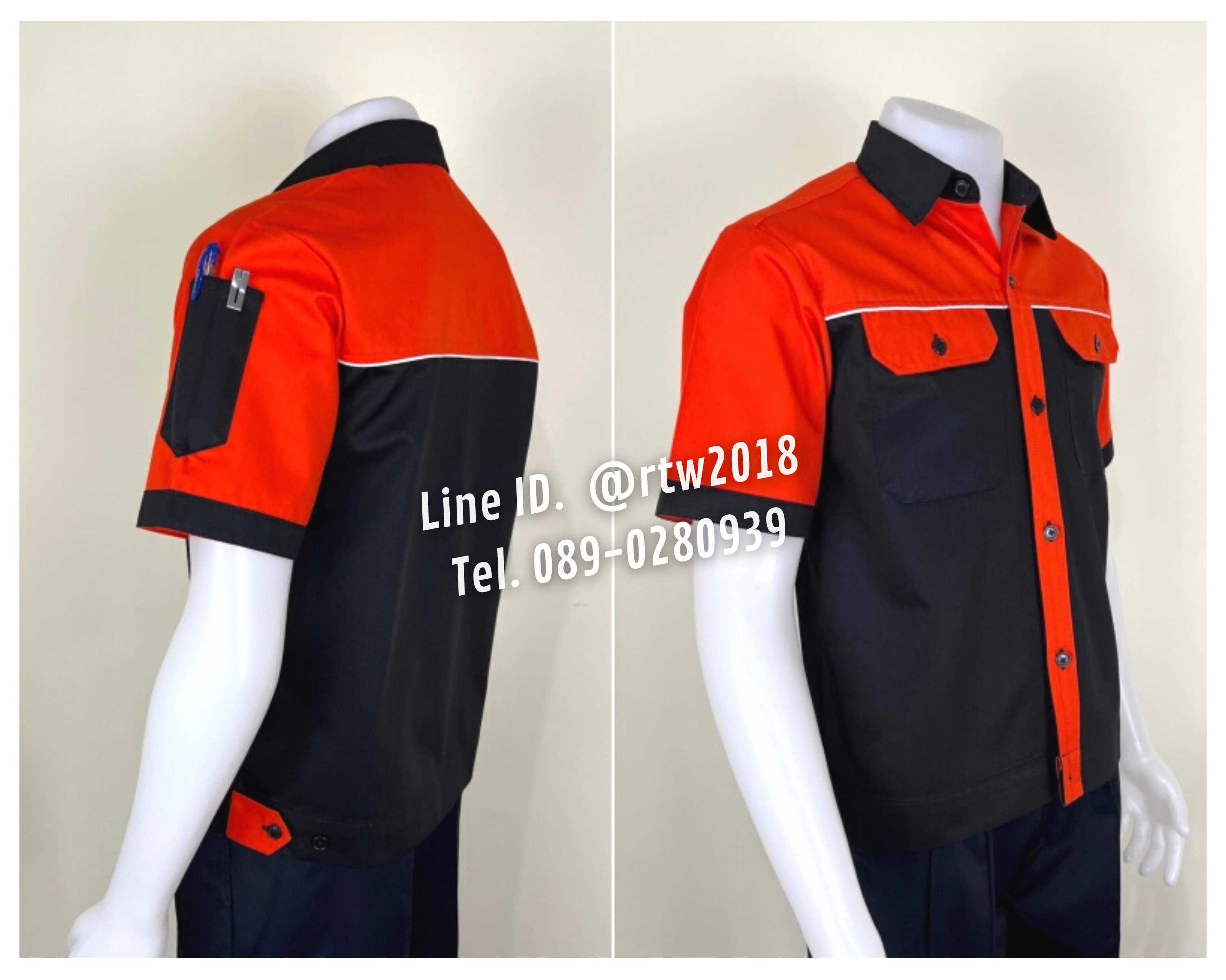 รหัส A27.2 : เสื้อช่างแขนสั้นผ้าคอมทวิวสีดำอก+แขนส้ม (กุ้นขาว)