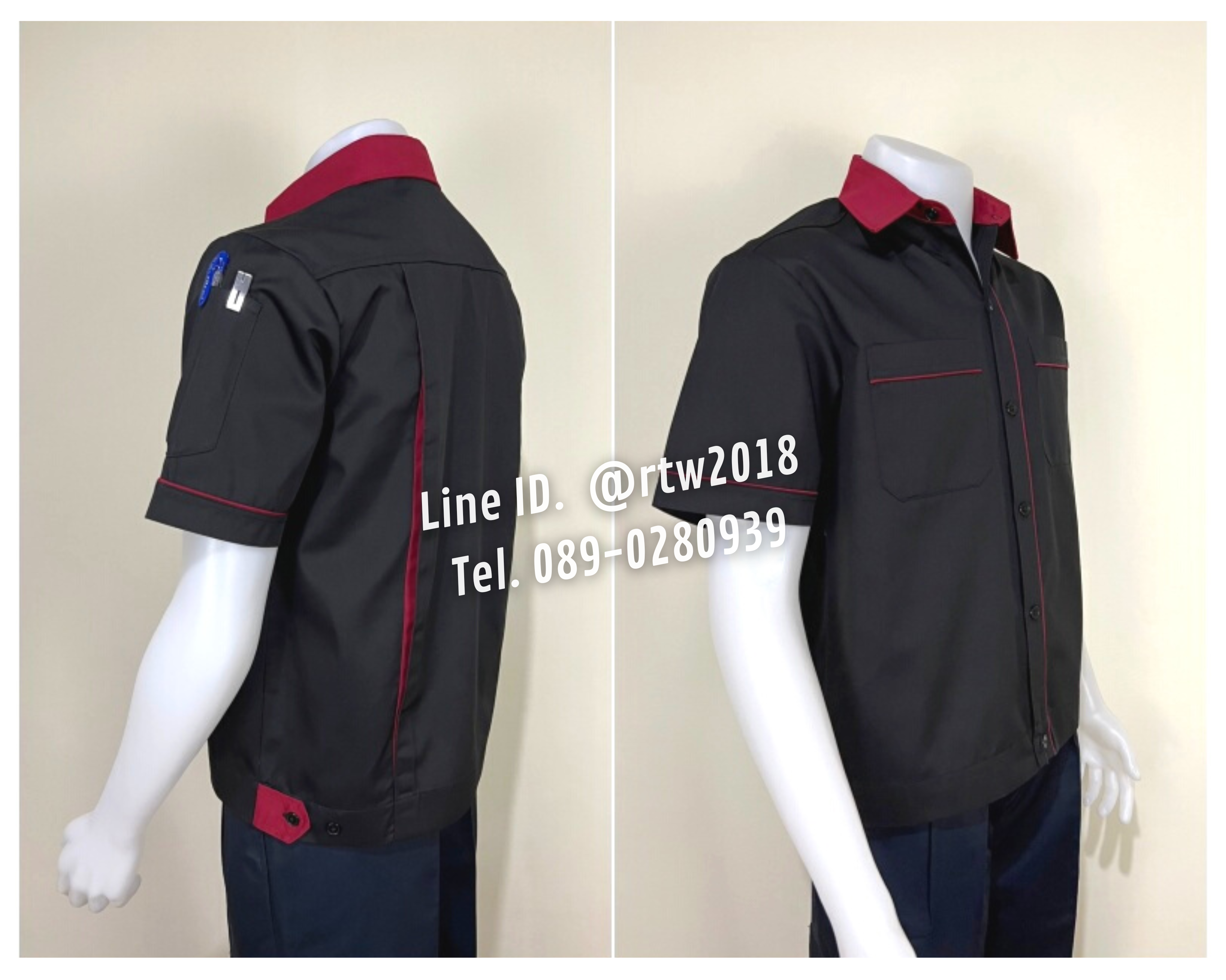 รหัส A7.10 : เสื้อช่างแขนสั้นผ้าคอมทวิวสีดำกุ้นเลือดหมู