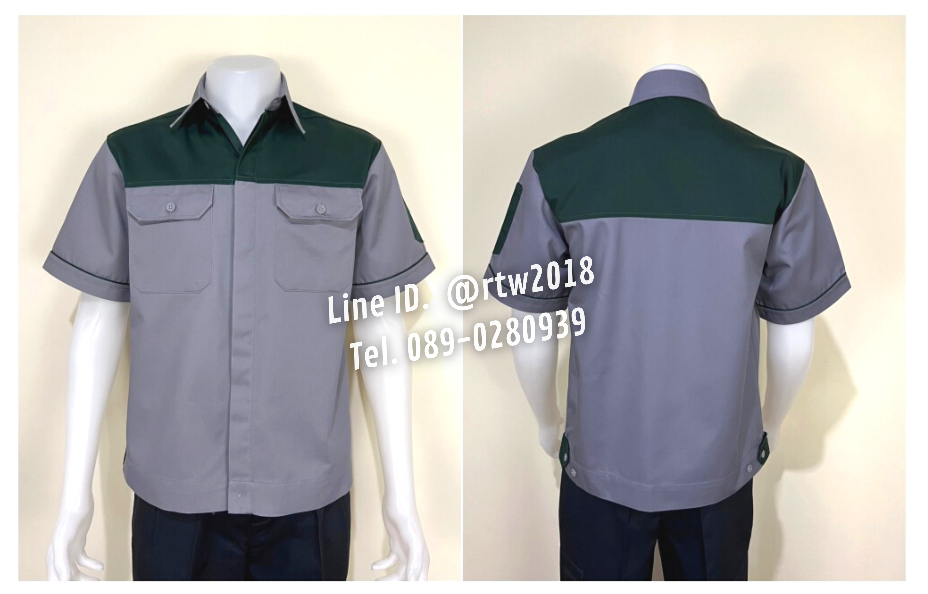 รหัส A8.4 : เสื้อช่างแขนสั้นผ้าคอมทวิวเทาอกเขียวแก่ (ซ่อนสาบ)