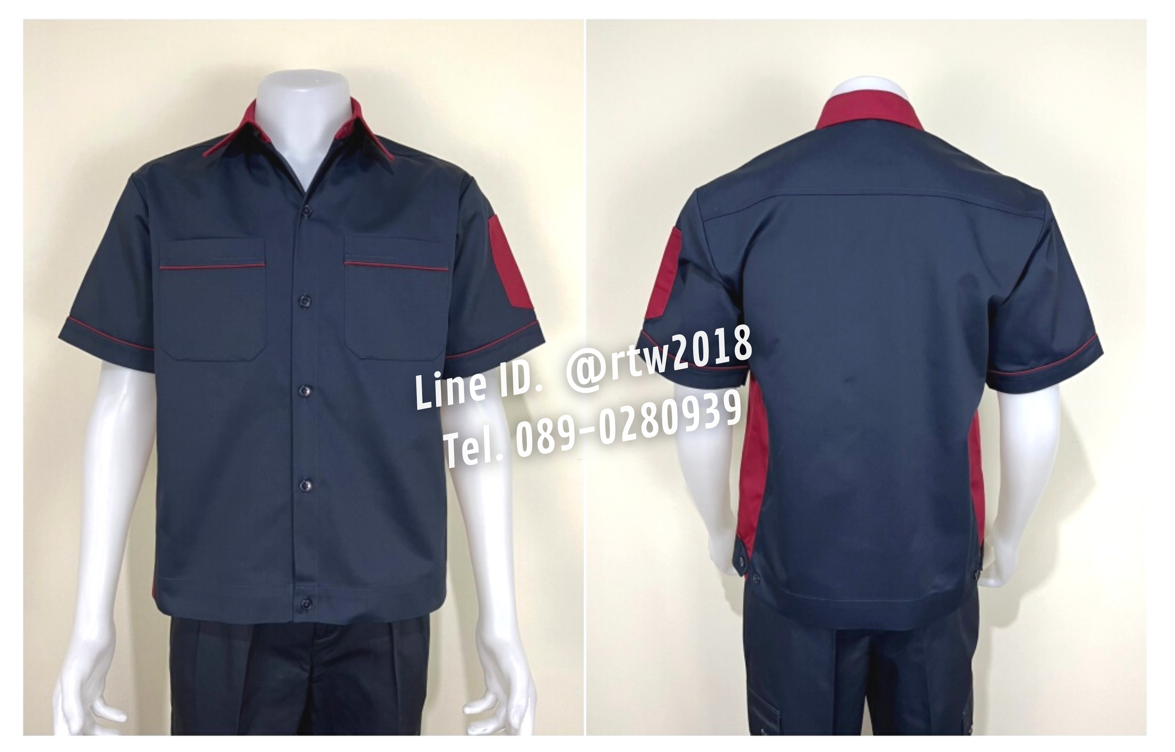 รหัส A12.11 : เสื้อช่างแขนสั้นผ้าคอมทวิวสีกรมท่าข้างเลือดหมู