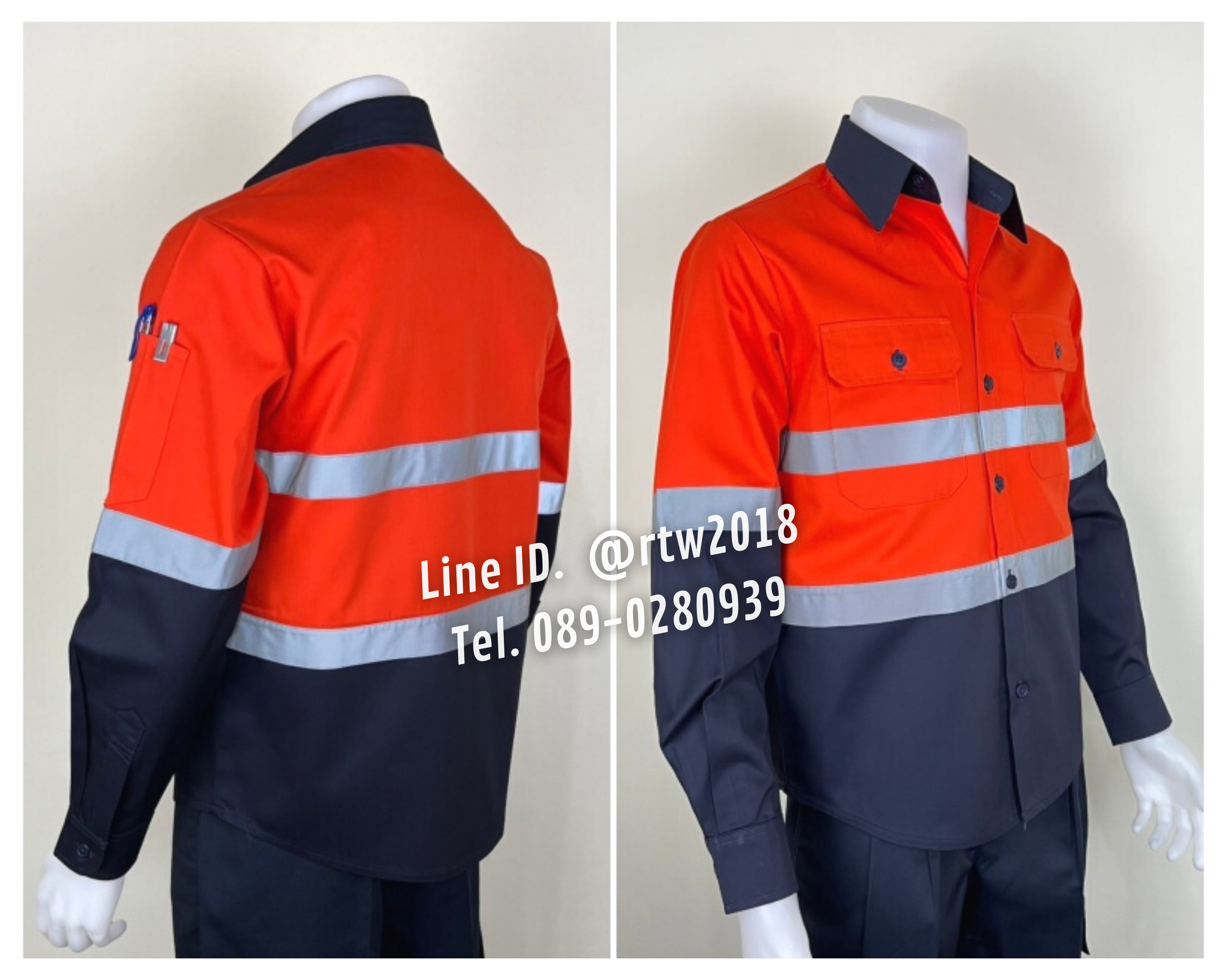 รหัส AB19.1 : เสื้อช่างแขนยาวผ้าคอมทวิว(กรมท่า/ส้ม) (ติดสะท้อนแสง) (รุ่น ลอนดอน)