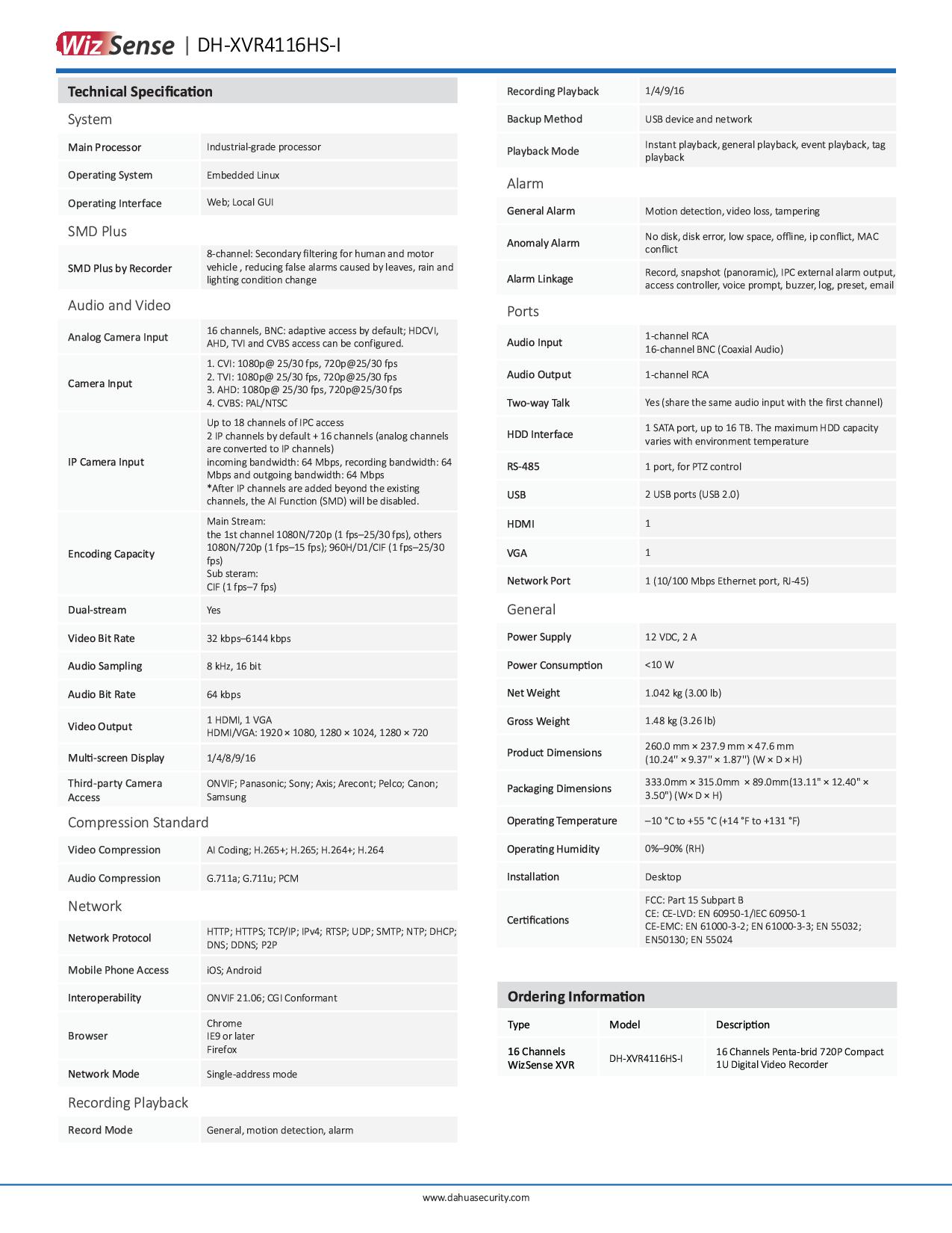 Dahua XVR4116HS-I เครื่องบันทึกกล้องวงจรปิด 16 ช่อง