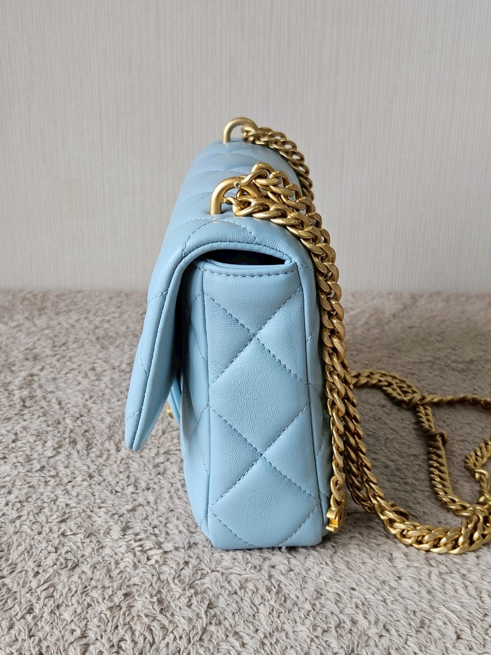 Chanel 22P Seasonal Mini Square Flap Bag Lambskin Light Blue And Enamel With Gold Hardware Metalplate