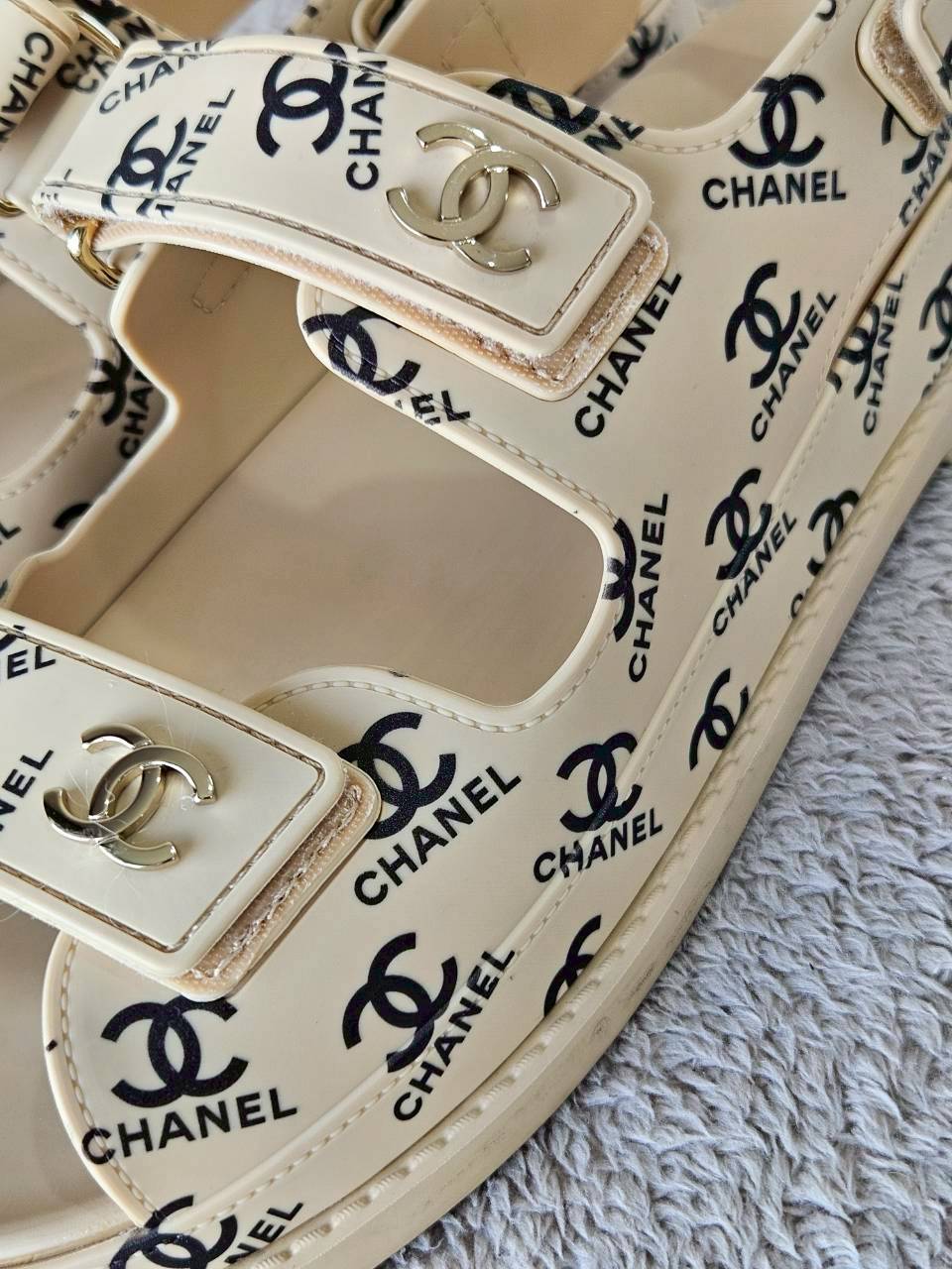 Chanel CC Dad Sandals In Rubber with God Hardware Beige