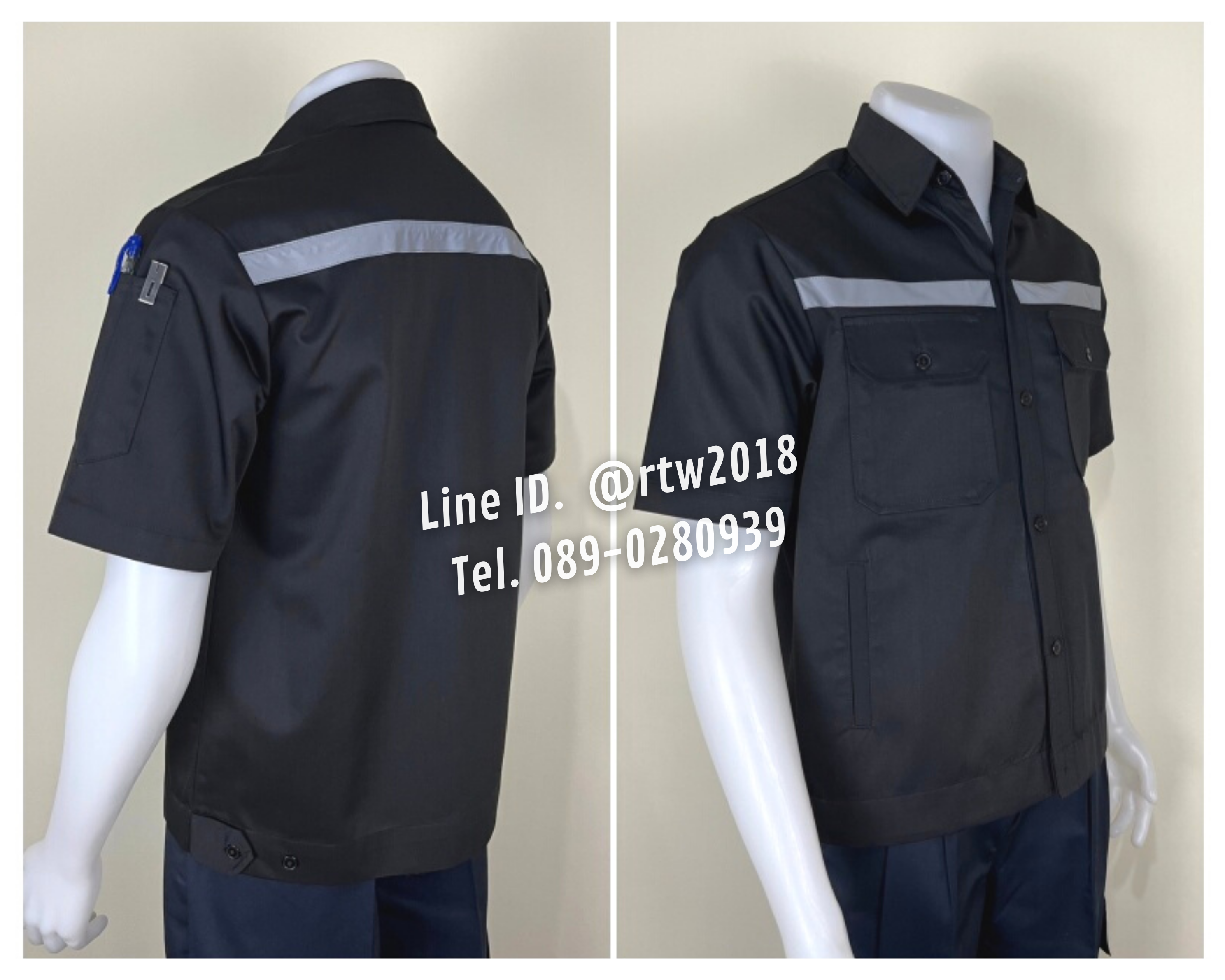 รหัส A4.3 : เสื้อช่างแขนสั้นผ้าคอมทวิวสี่กระเป๋าสีดำล้วน (ติดสะท้อนแสง)