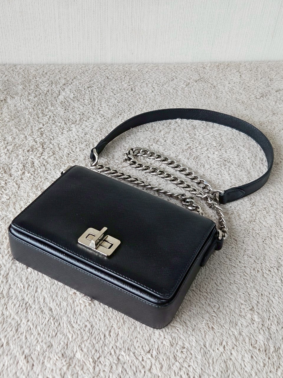 Prada 1BH014 Black Saffiano Leather Chain Shoulder Bag