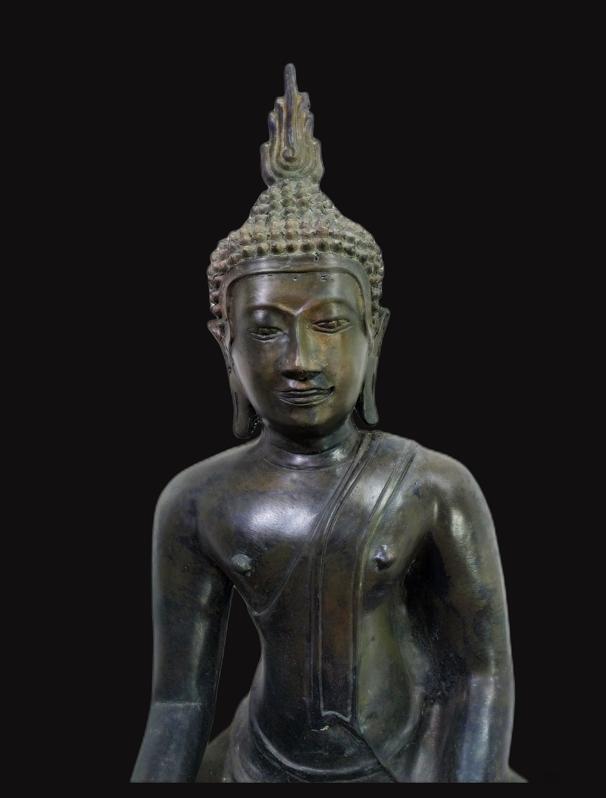 พระบูชา พระอู่ทอง ฐานลายช้างสามเศียร หน้าตัก 9 นิ้ว เนื้อโลหะสำริดสภาพเก่า